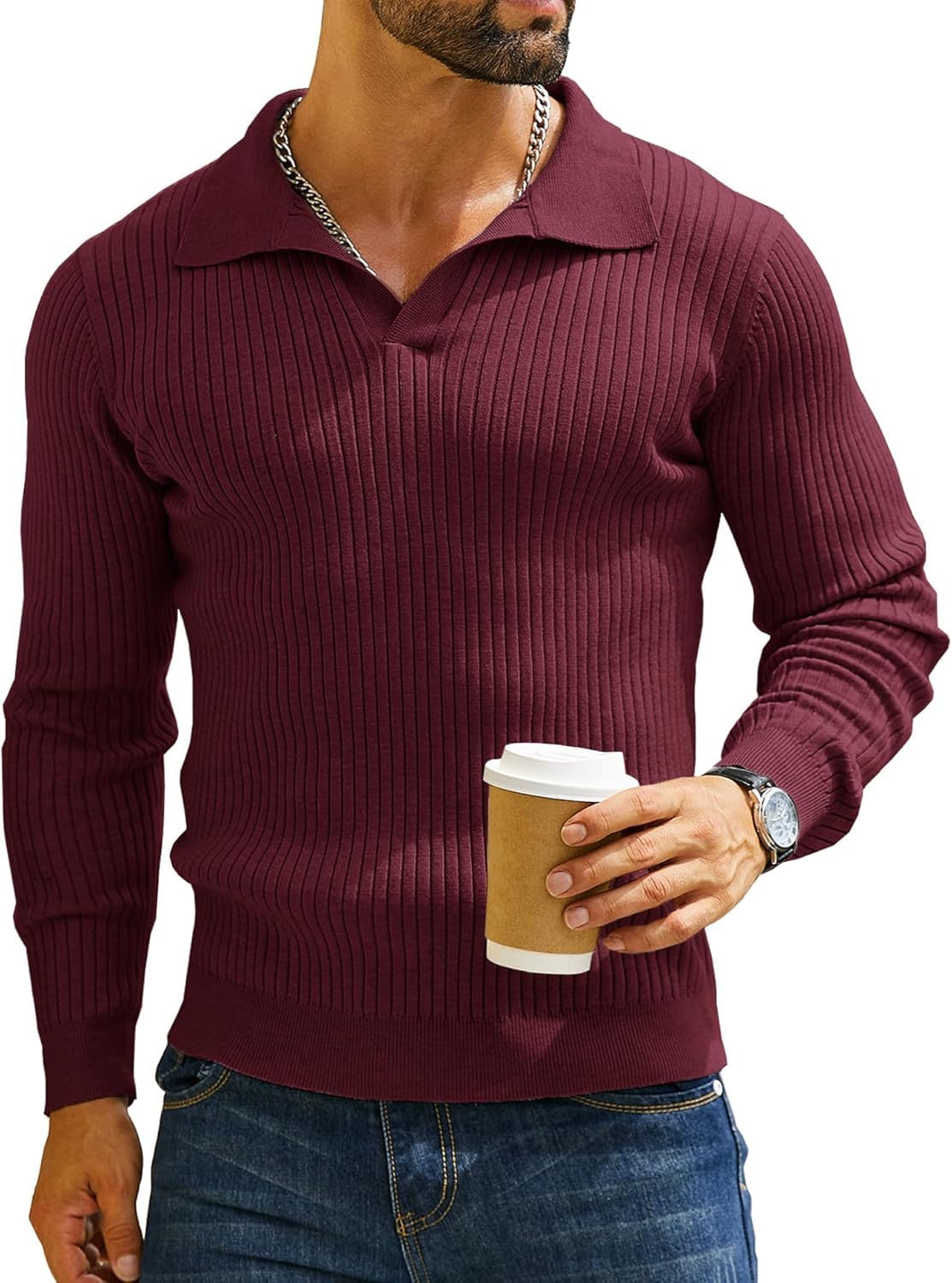 DENIMHOLIC Men's Cotton Polo Sweater - Wine