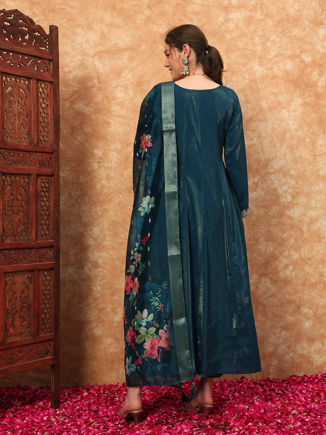 SHOPPING QUEEN Women's Silk Embroidered Kurta Pyjama Set - Prussian Blue - Image 2