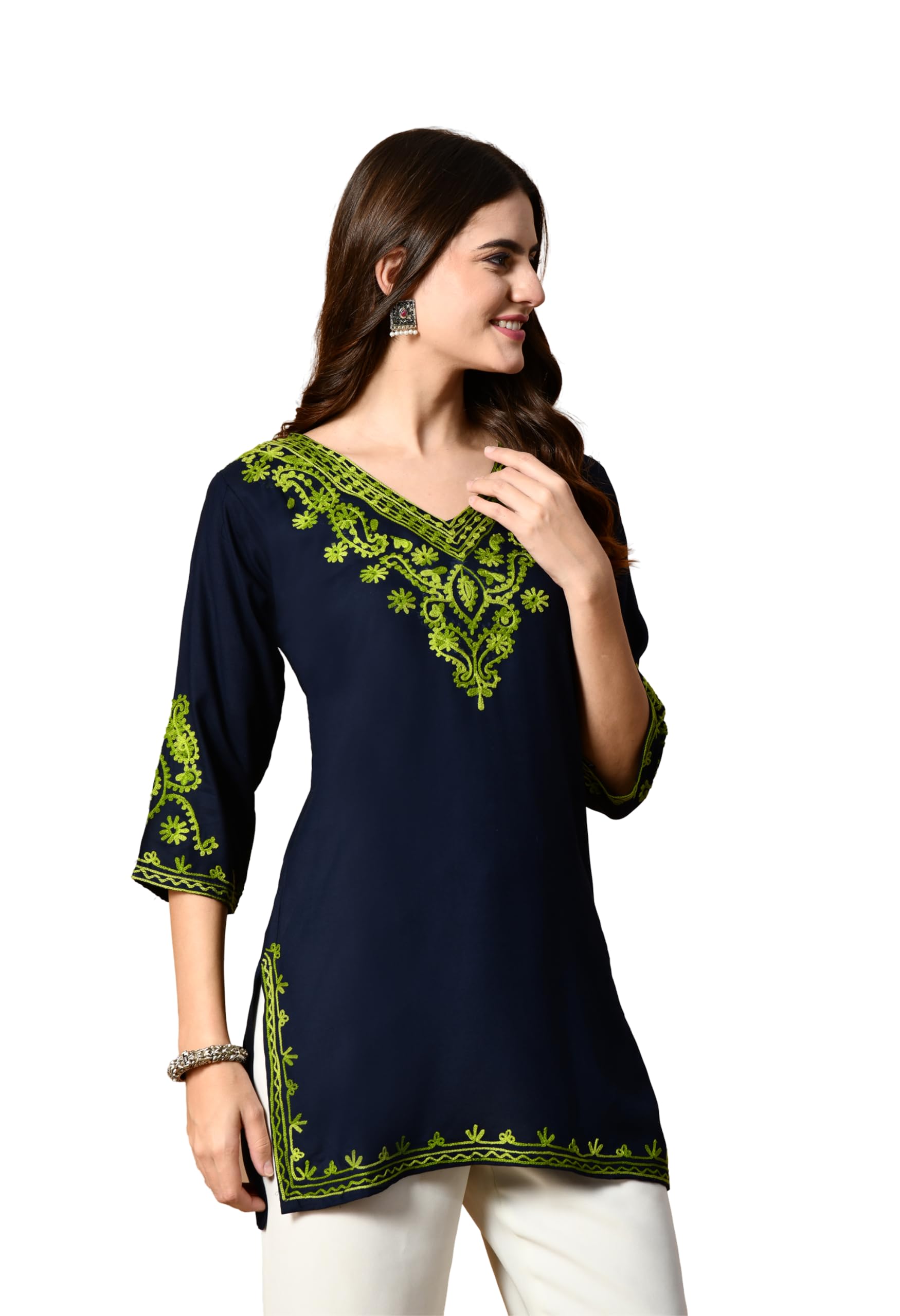 Kashmiri Embroidered Tunic Top for Women - Navy Blue