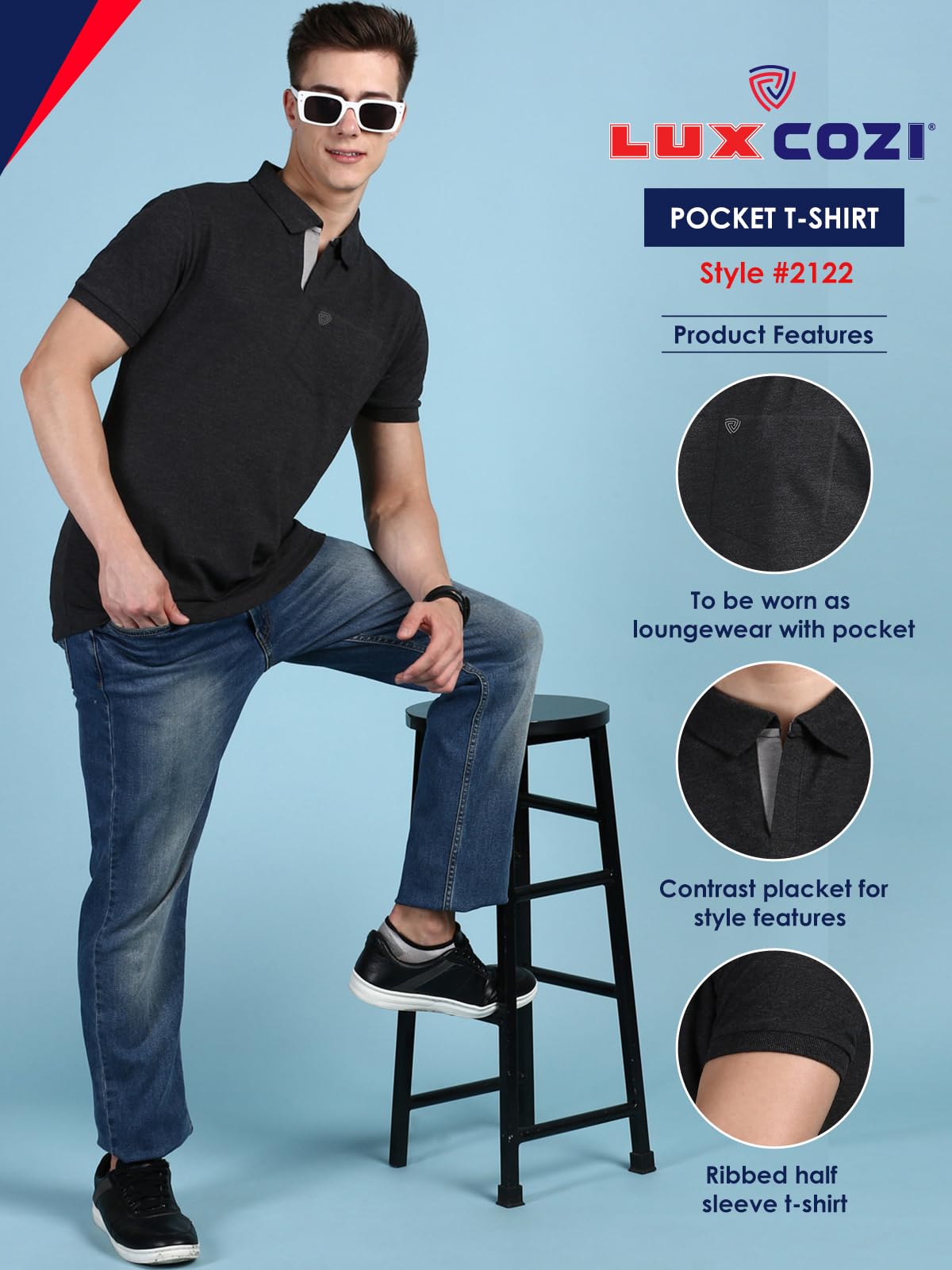 Lux Cozi Men Half Sleeve Casual T-Shirt - Black - Image 2