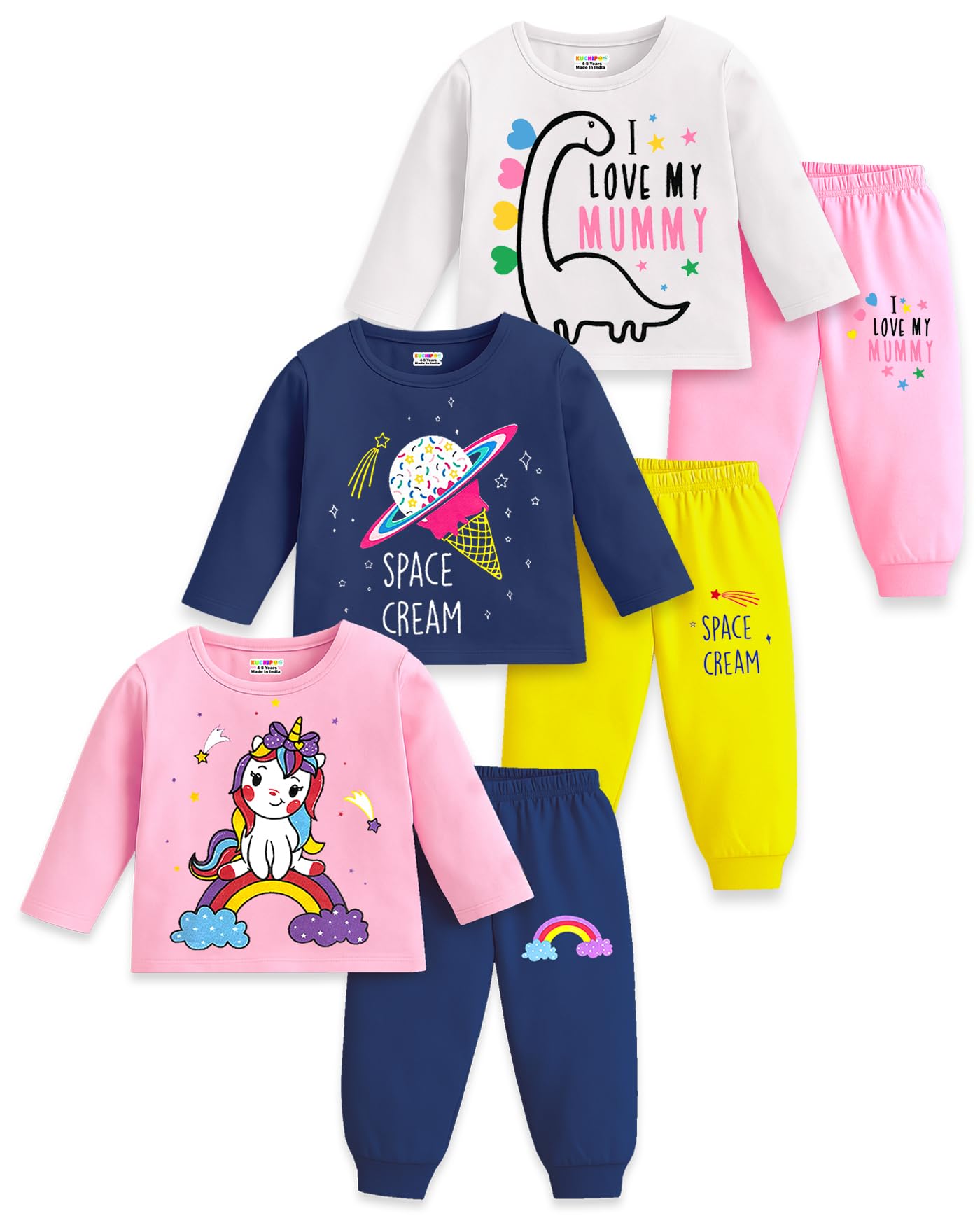 Kuchipoo Girl Cotton T-Shirts and Pyjamas Set - Multi-Colored