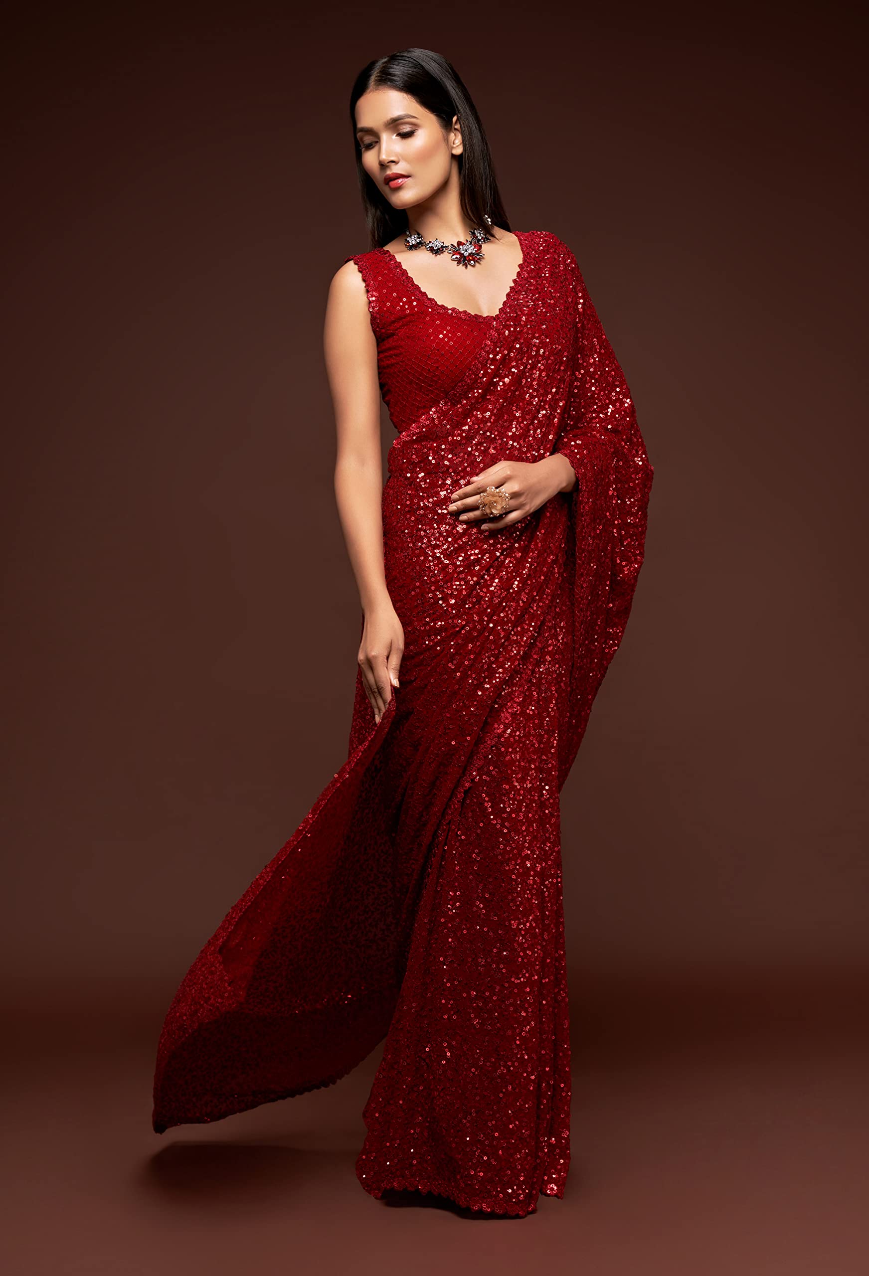 TRENDMALLS Women's Georgette Sequins Saree - Red - Image 3