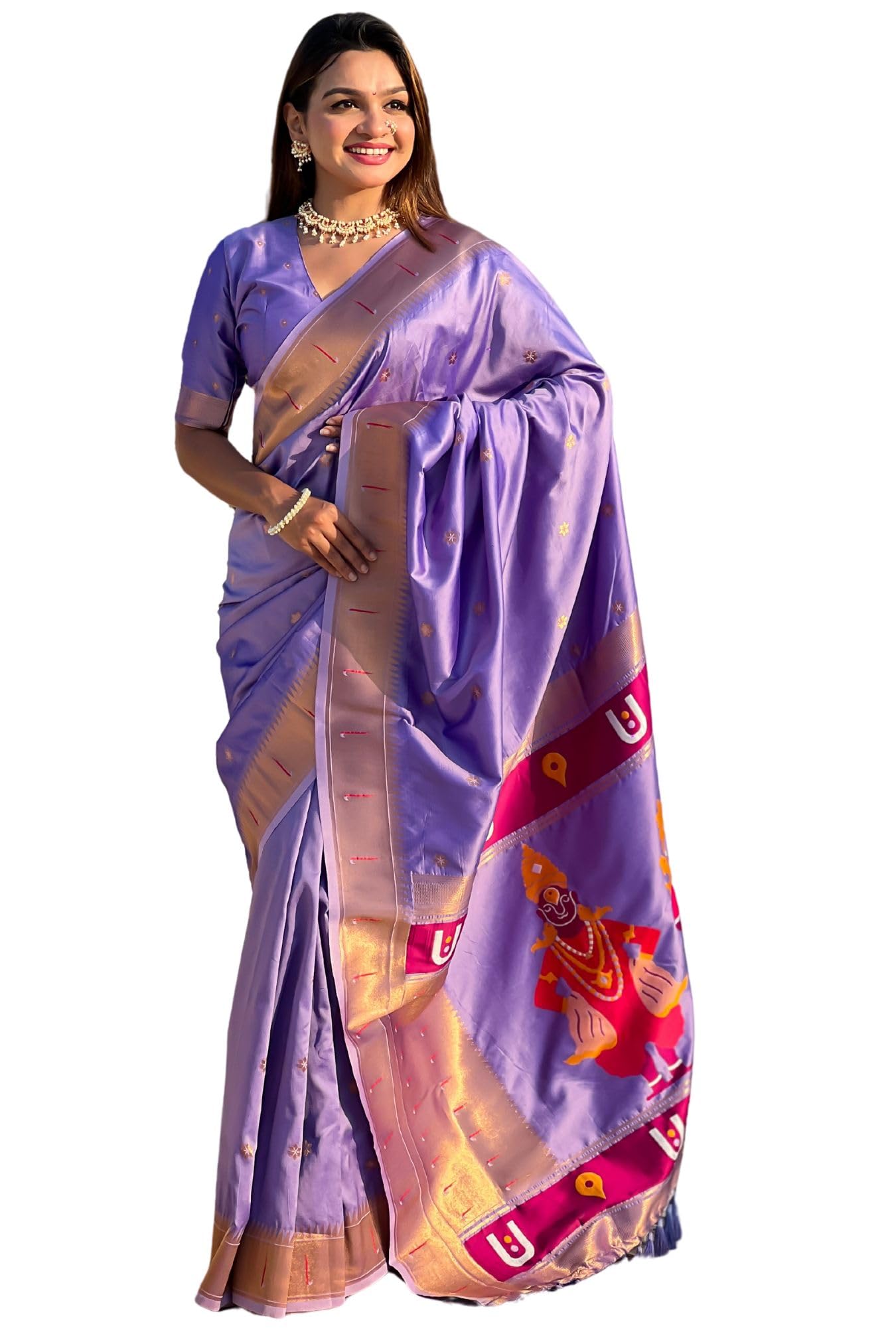 GarbGlide Women's Kanjivaram Paithani Silk Saree - Lavender