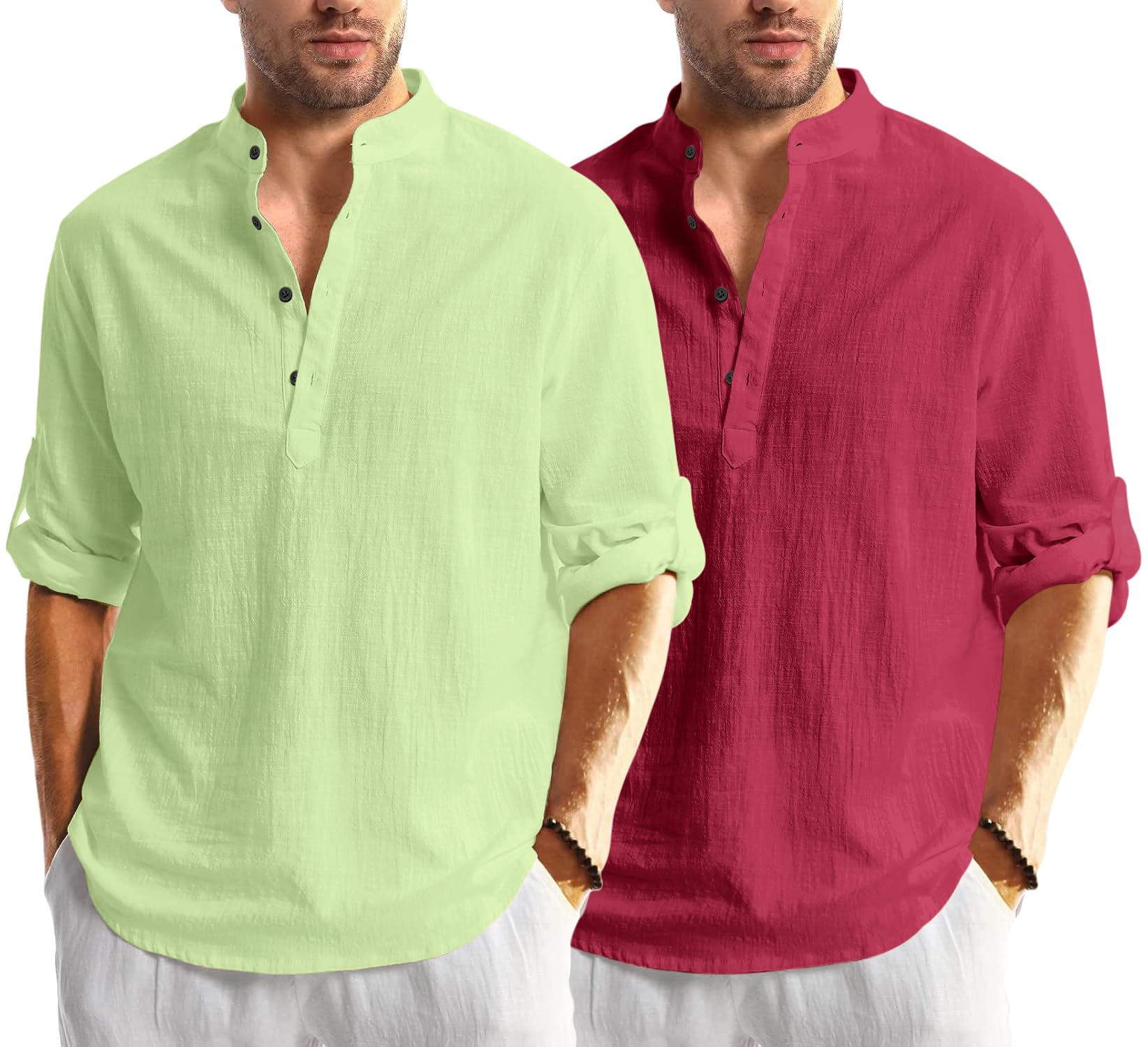 Bellstone Men's Cotton Blend Kurta - Light Green & Burgundy