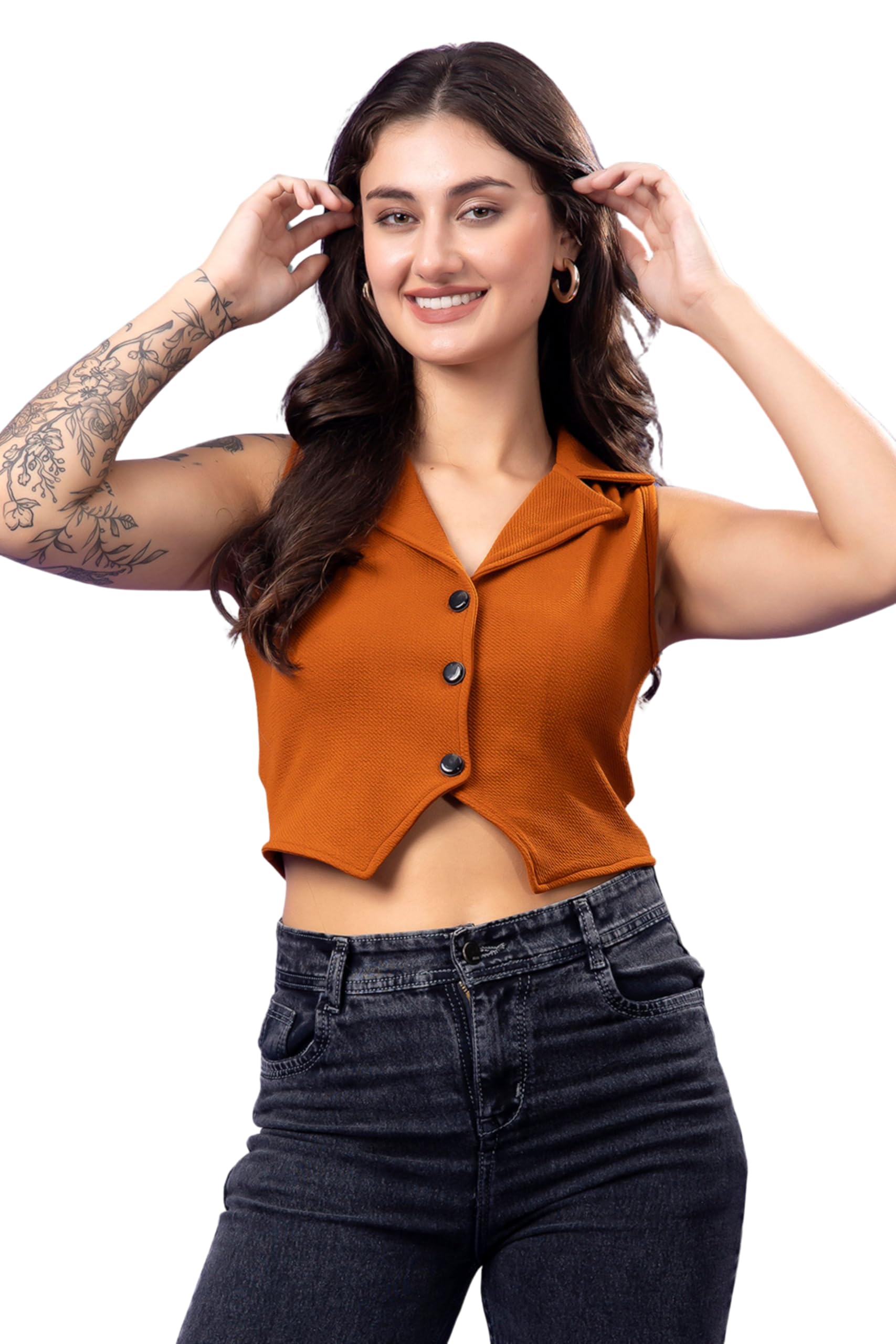 POPWINGS Rust V Neck Sleeveless Waistcoat