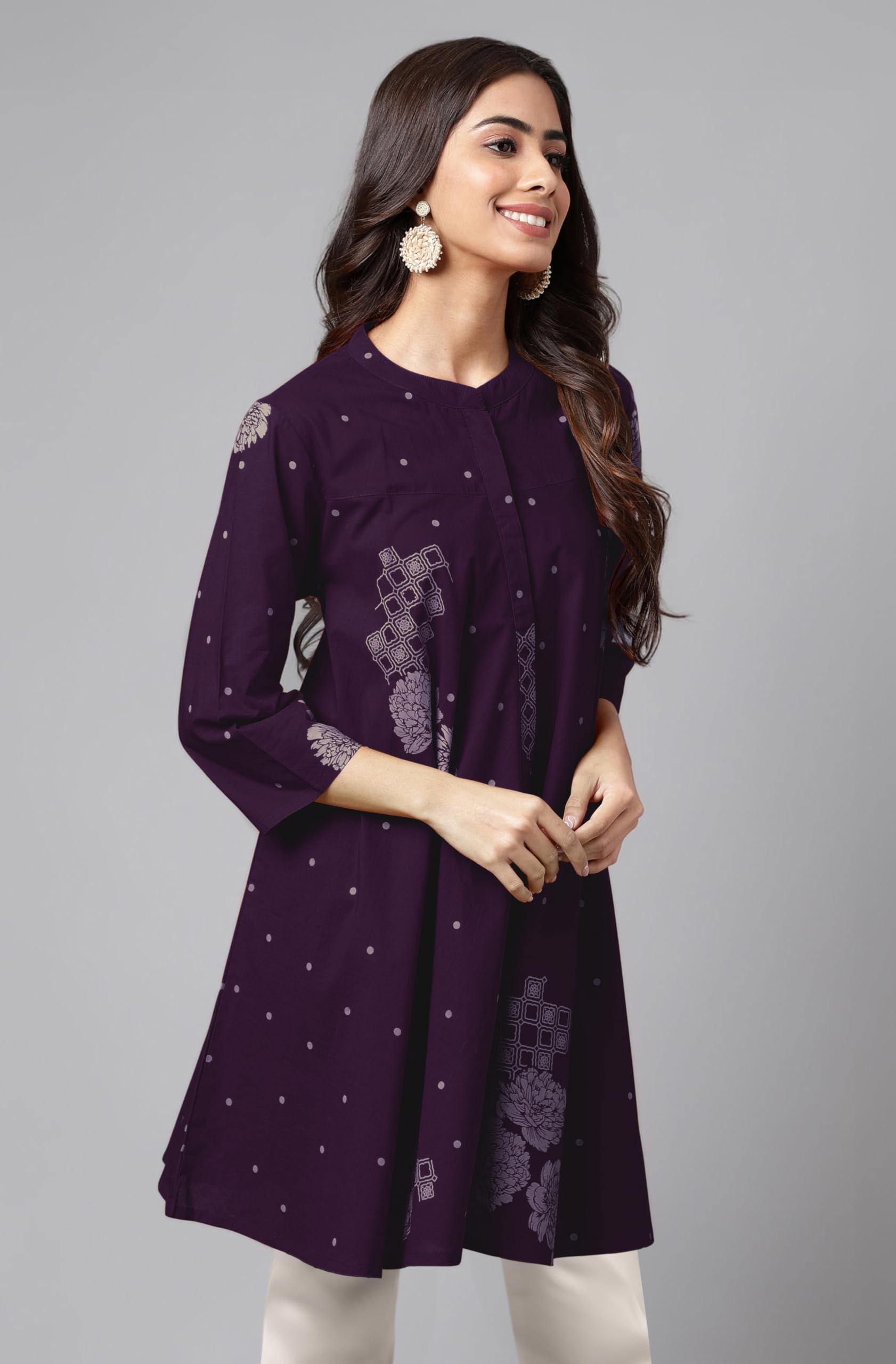 Janasya Women's Purple Cotton Floral Tunic - Image 5