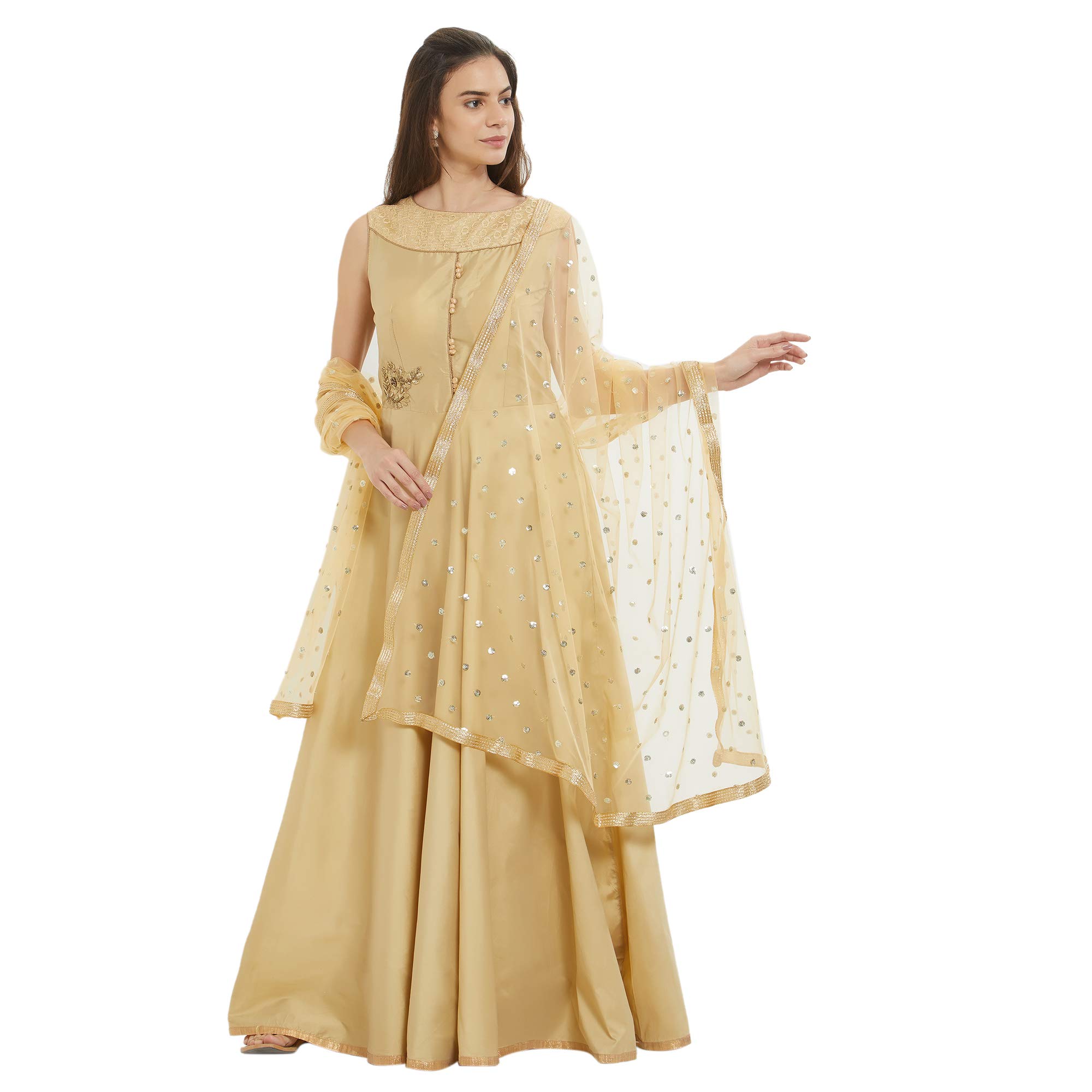 DUPATTA BAZAAR Woman Embellished Beige Net Dupatta - Image 5