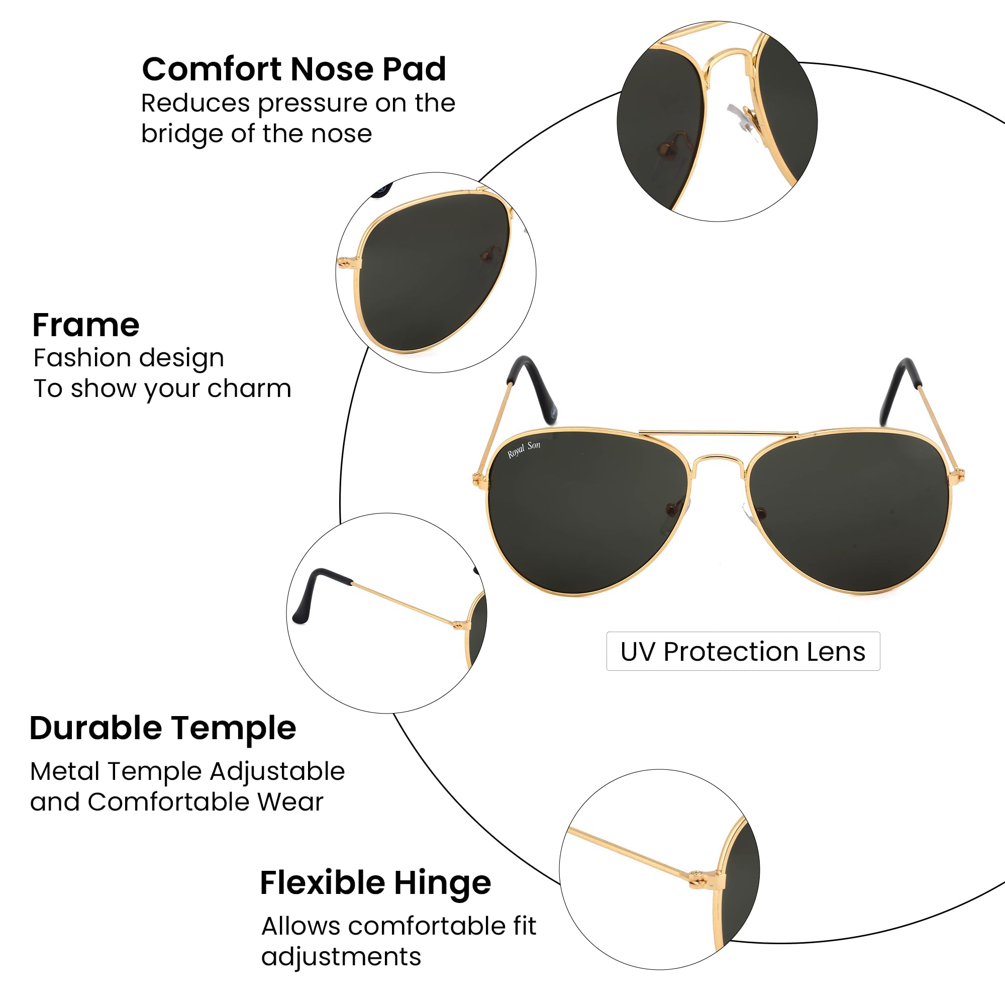 ROYAL SON Classic Sunglasses - Black Lens, Light Gold Frame - Image 4