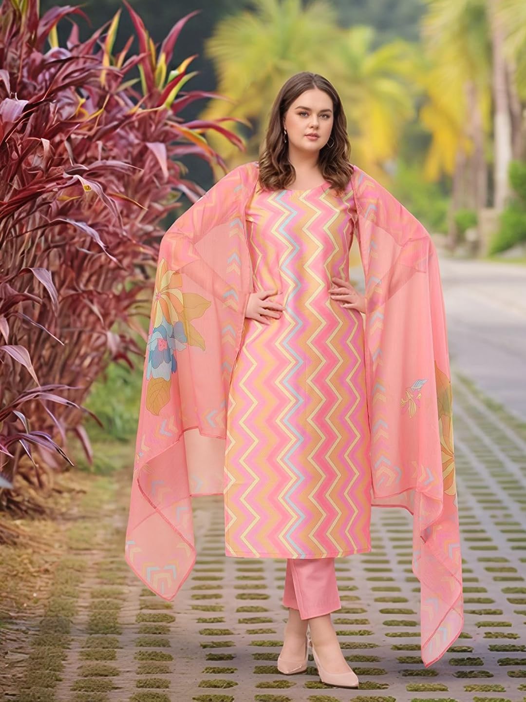 ANNI DESIGNER Women's Rayon Viscose Kurta with Pant & Dupatta - Pink - Image 5