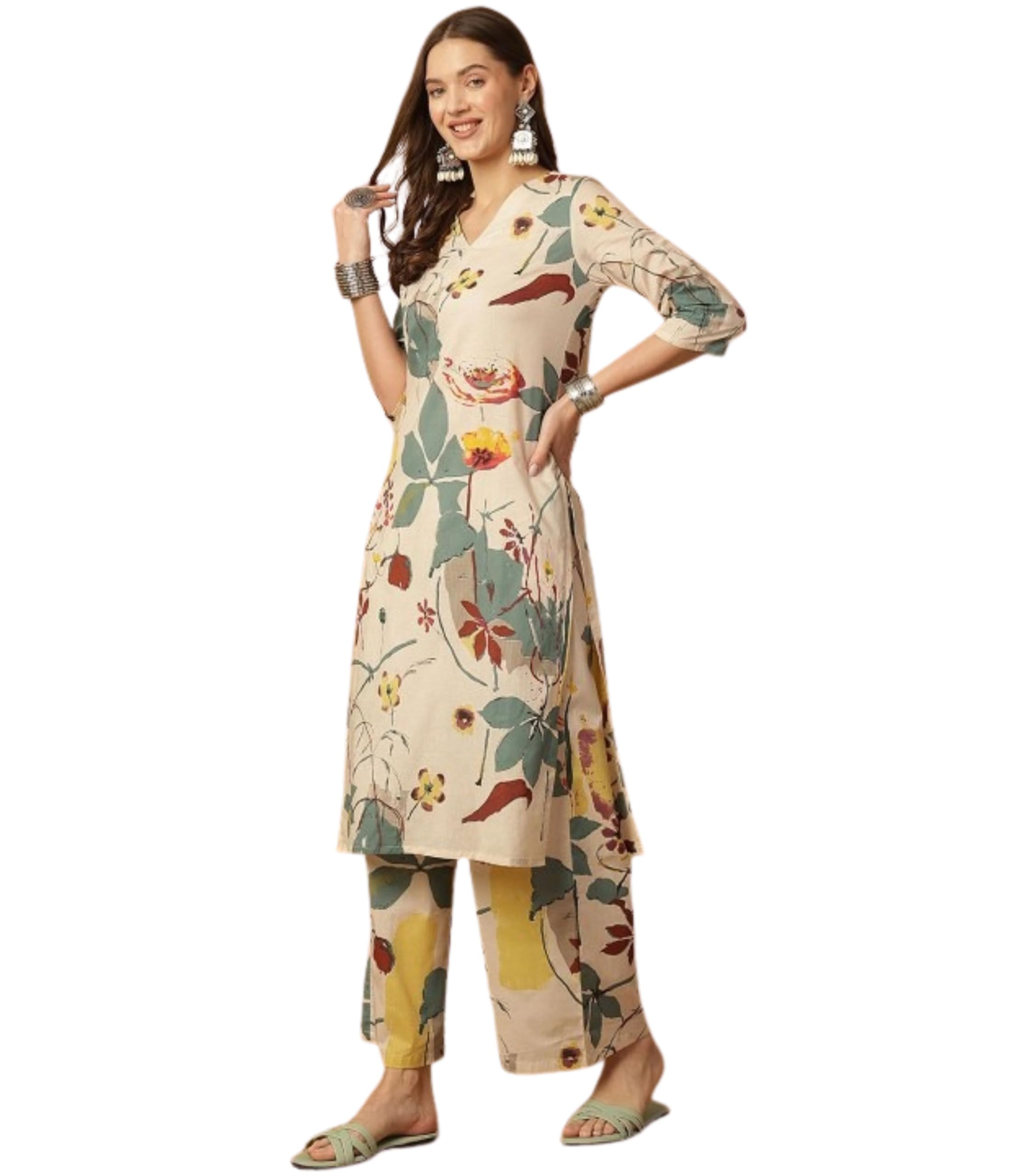 MANHAREE Women's Cotton Printed Kurta Pant Set