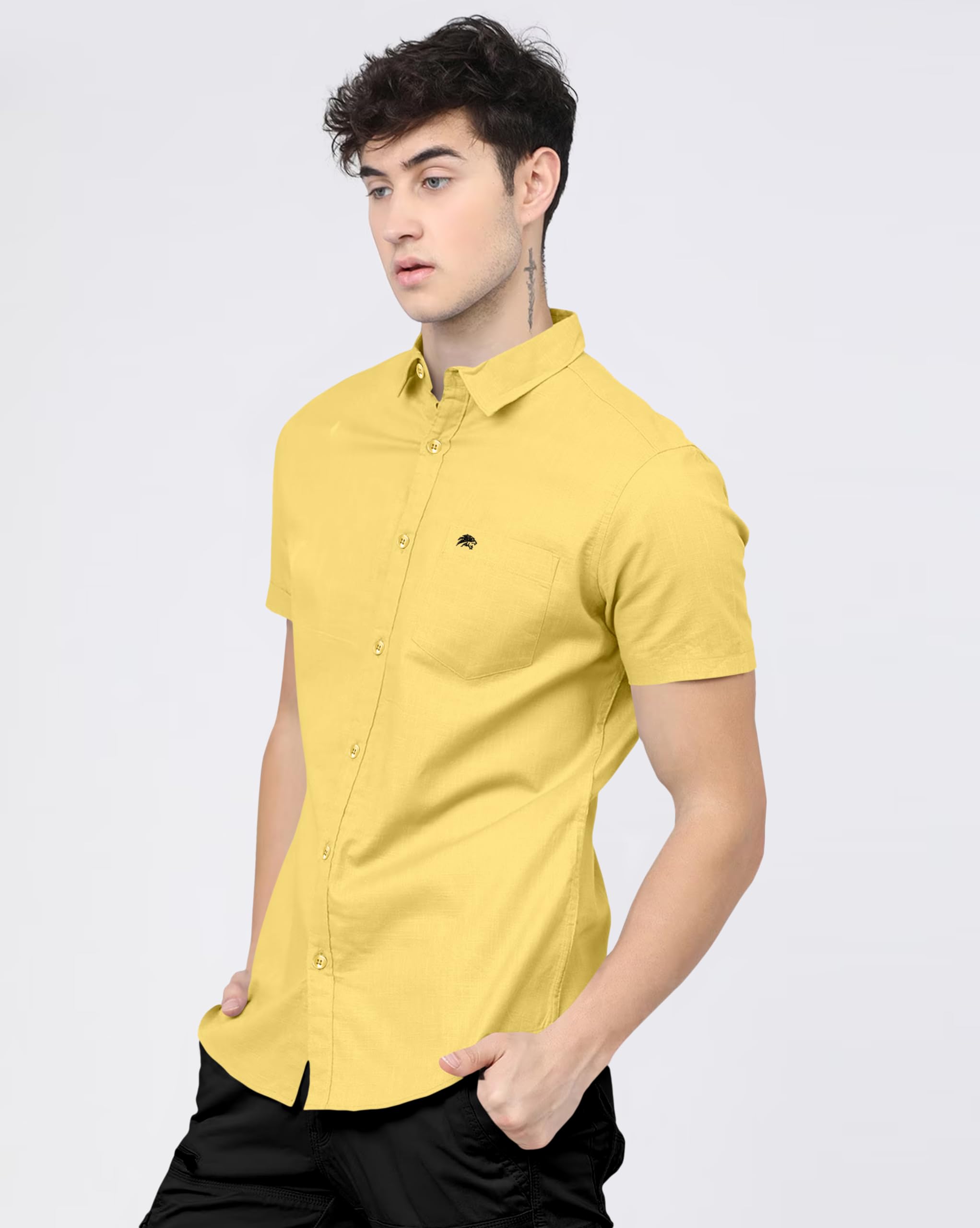 BRUCEWANE Men Cotton Half Sleeve Shirt - Lemon Yellow - Image 5