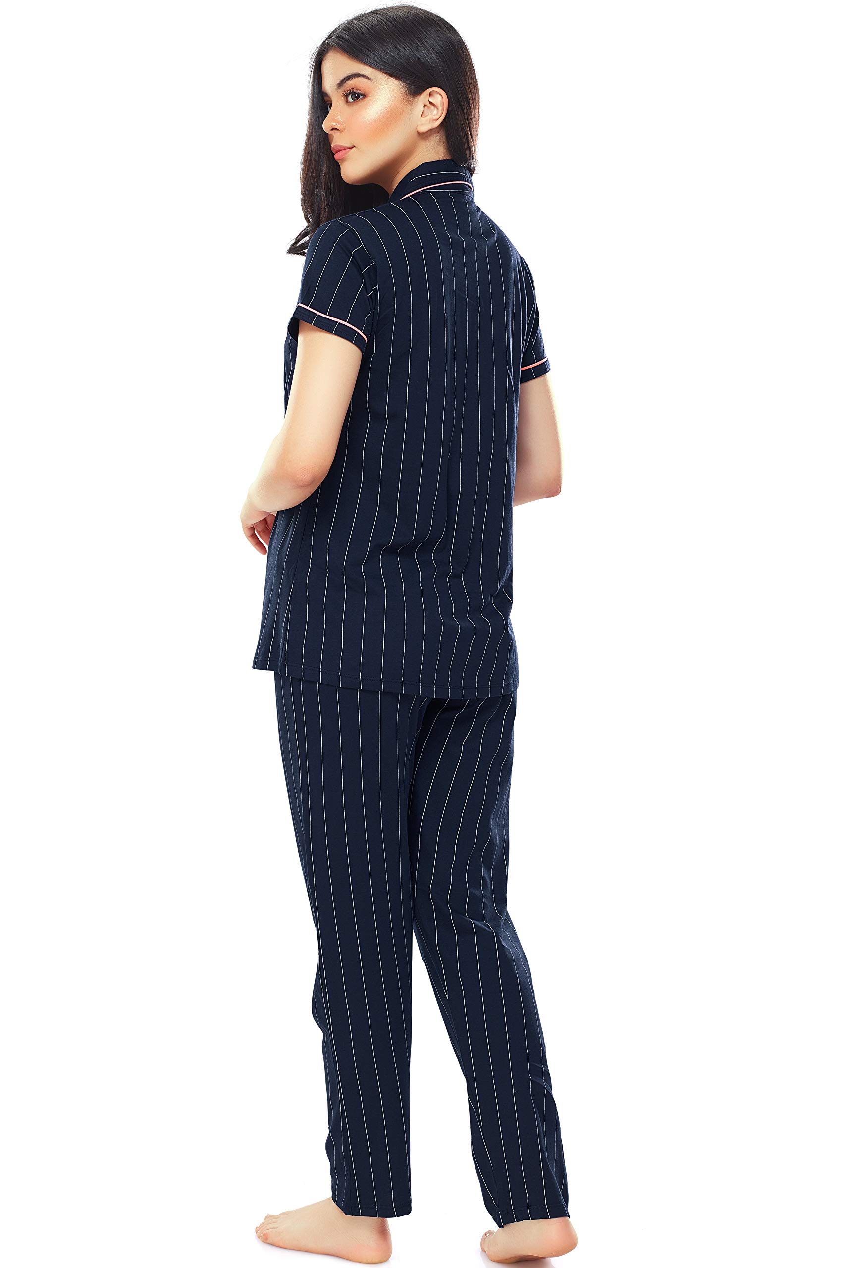 ZEYO Navy Blue Striped Cotton Night Suit for Women - Image 3
