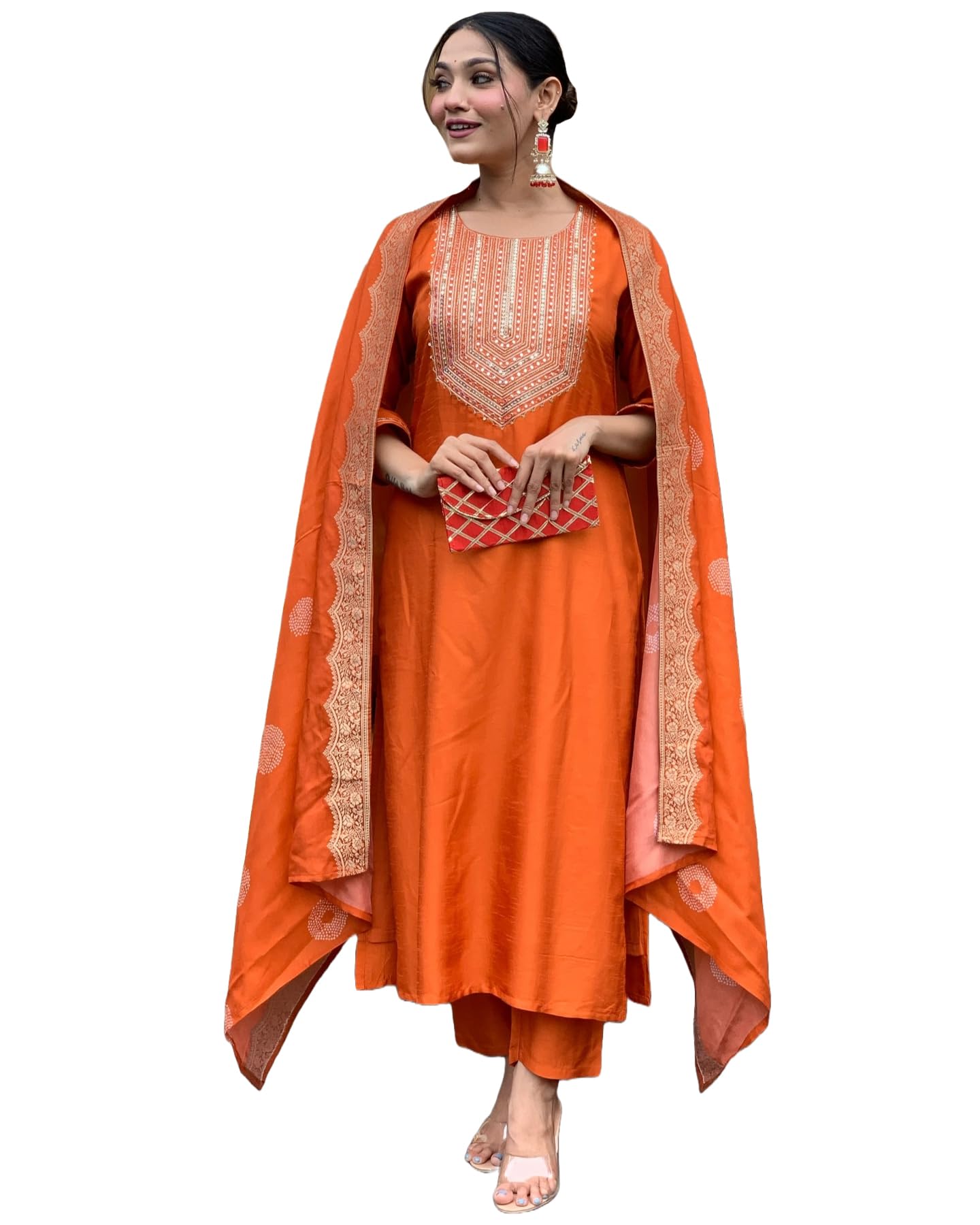 GoSriKi Women's Rayon Blend Embroidered Kurta - Orange