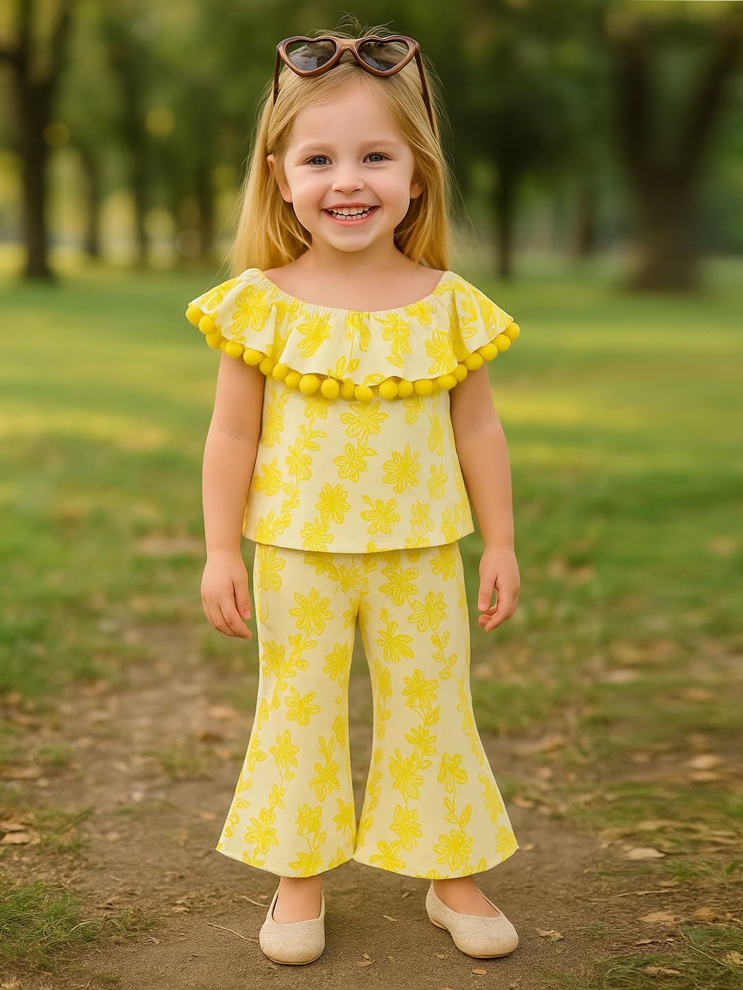 A.T.U.N. Girls Yellow Floral Printed Top and Pant Set - Image 2