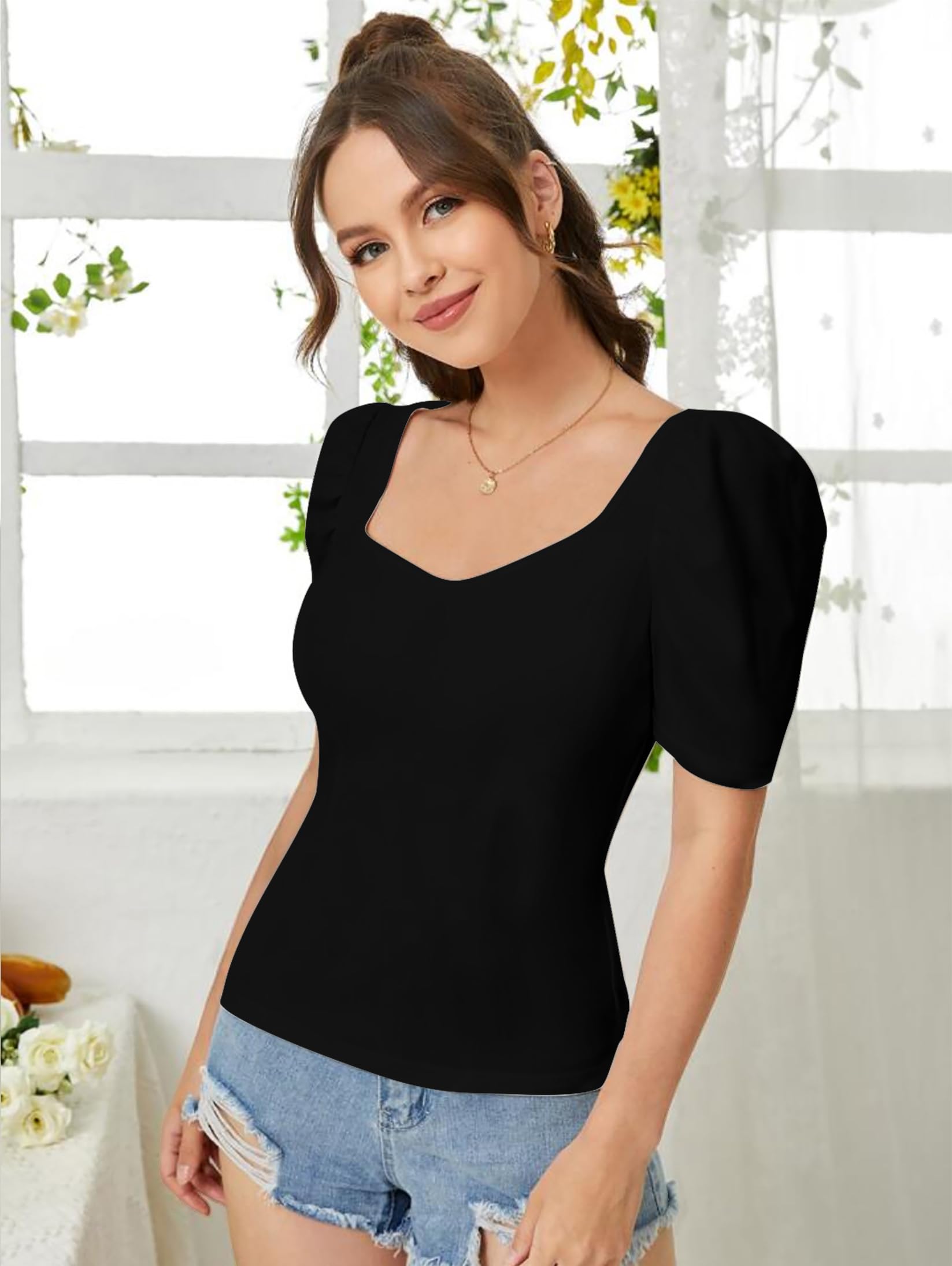 Elegant Black Tee for Women - Sweetheart Neck - Image 4