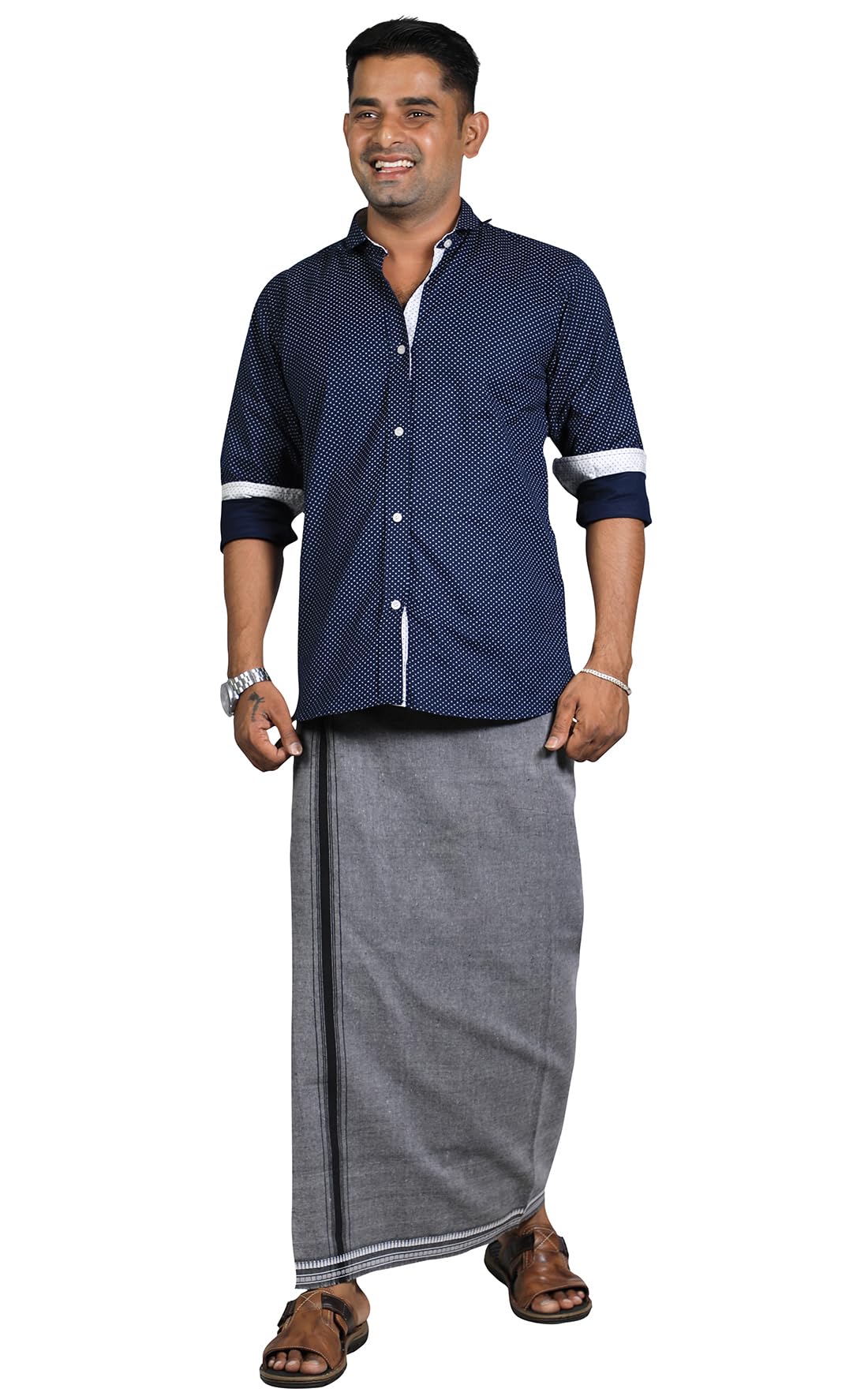 PRAKASAM Mens Cotton Kerala Dhoti - Ash - Image 4
