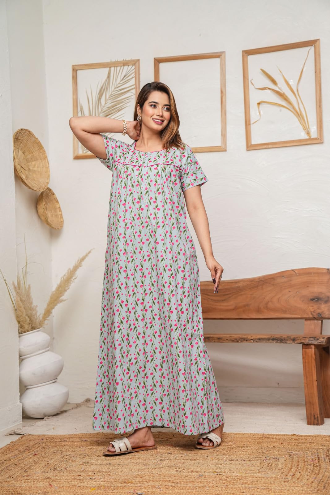 Urali Grey Cotton Night Gown for Women - Image 5