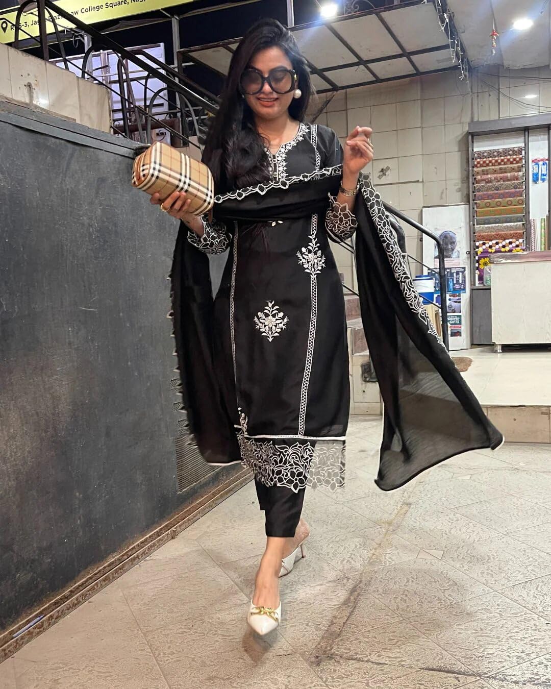 GoSriKi Women's Rayon Kurta with Pant & Dupatta - Black - Image 5