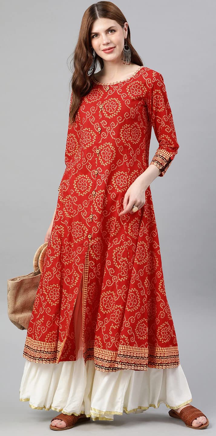 Yash Gallery Red Cotton Bandhej Anarkali Kurta for Women - Image 2
