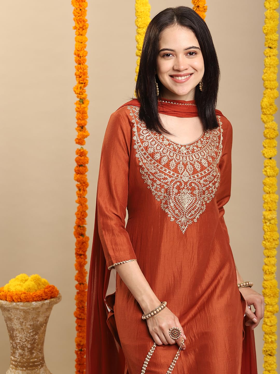 GoSriKi Mustard Embroidered Kurta Set for Women - Image 5