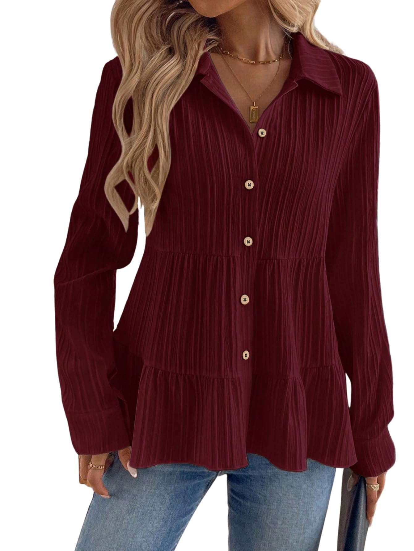 TOPLOT Maroon Button-Up Tunic Top for Women