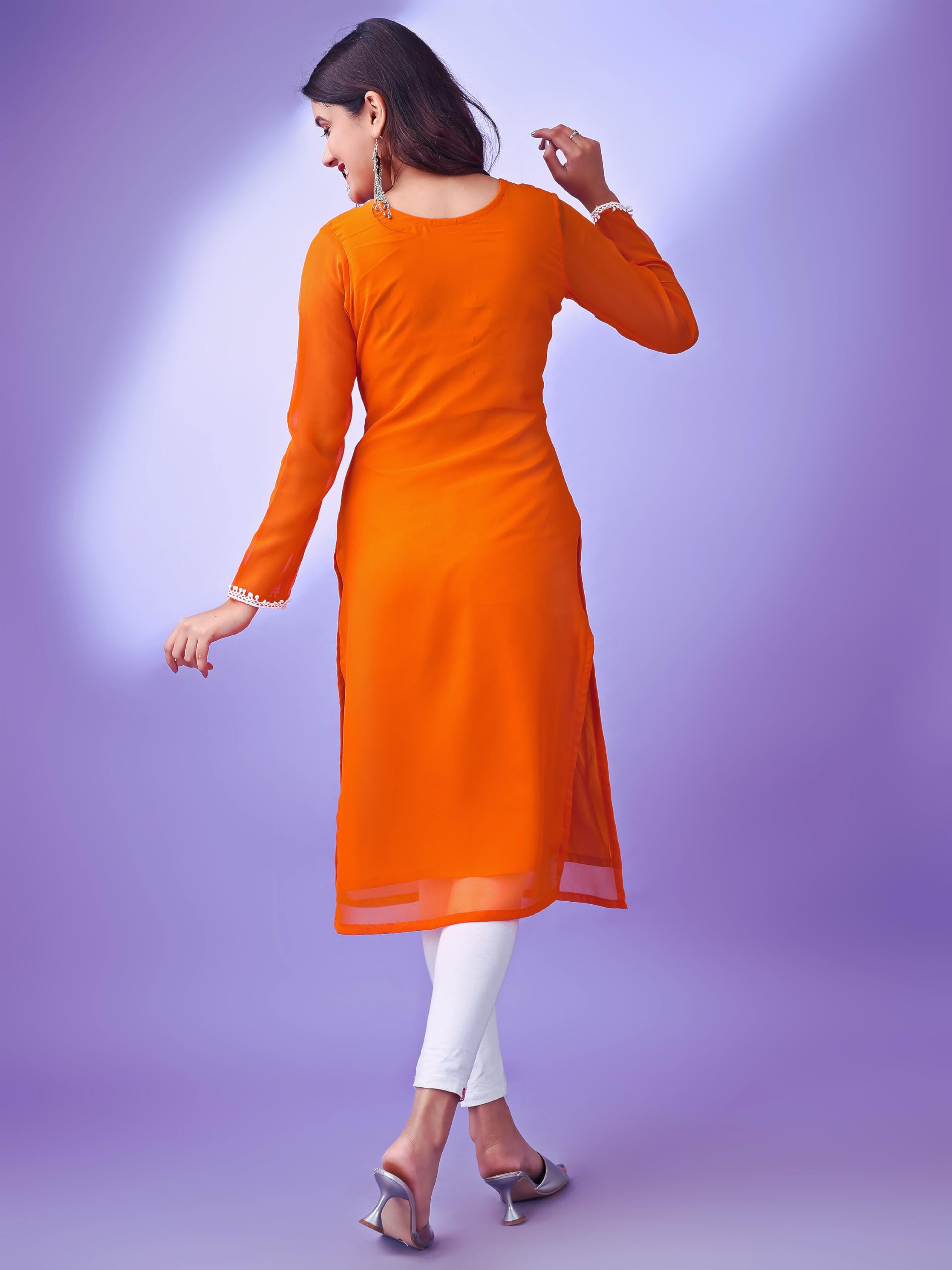 HESVI Women Georgette Kurti White Chikankari - Image 3