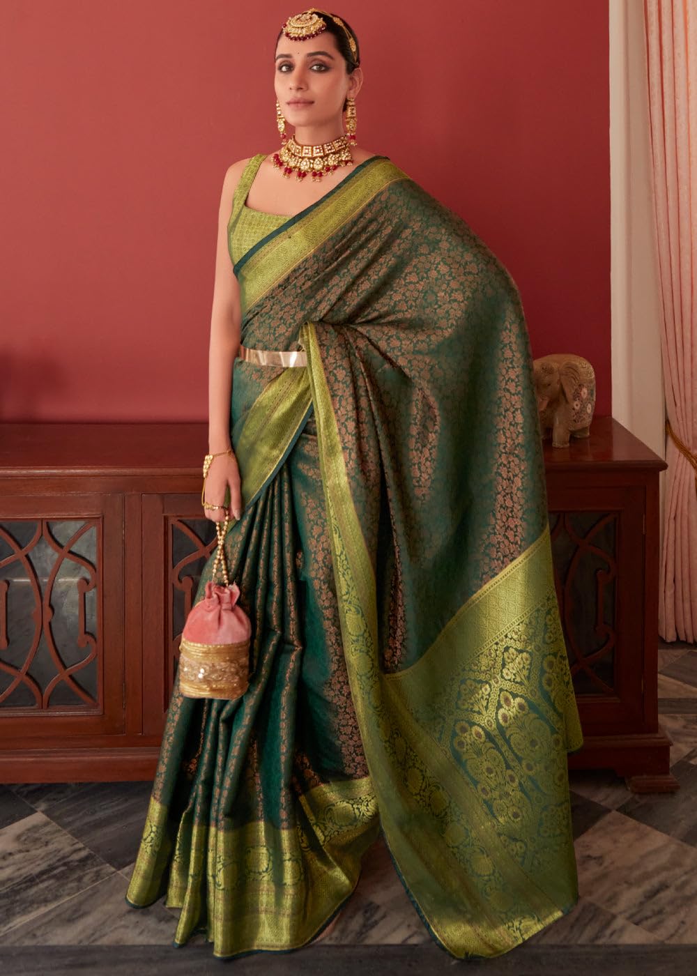 Kanjivaram Banarasi Silk Saree - Green - Image 4