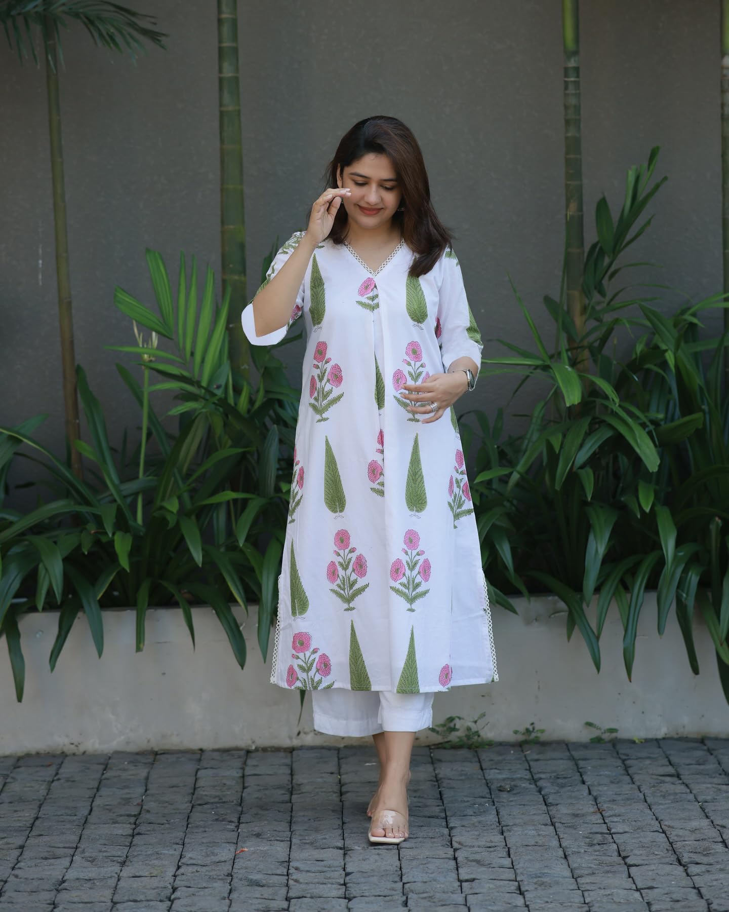 GoSriKi Women's White A-Line Kurta with Pant Set - Image 2