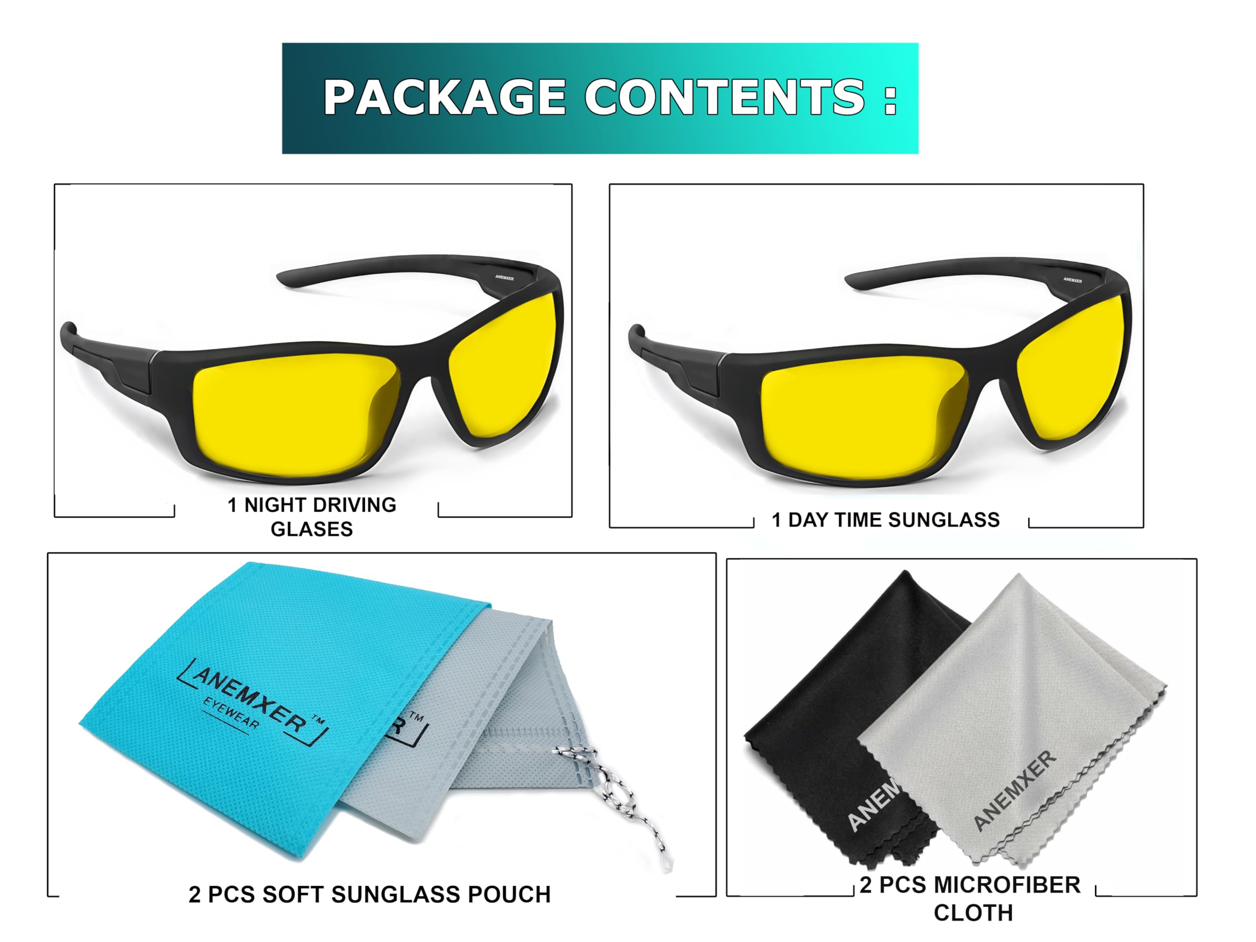 Anemxer Unisex UV Protected Night Driving Glasses - Yellow - Image 5