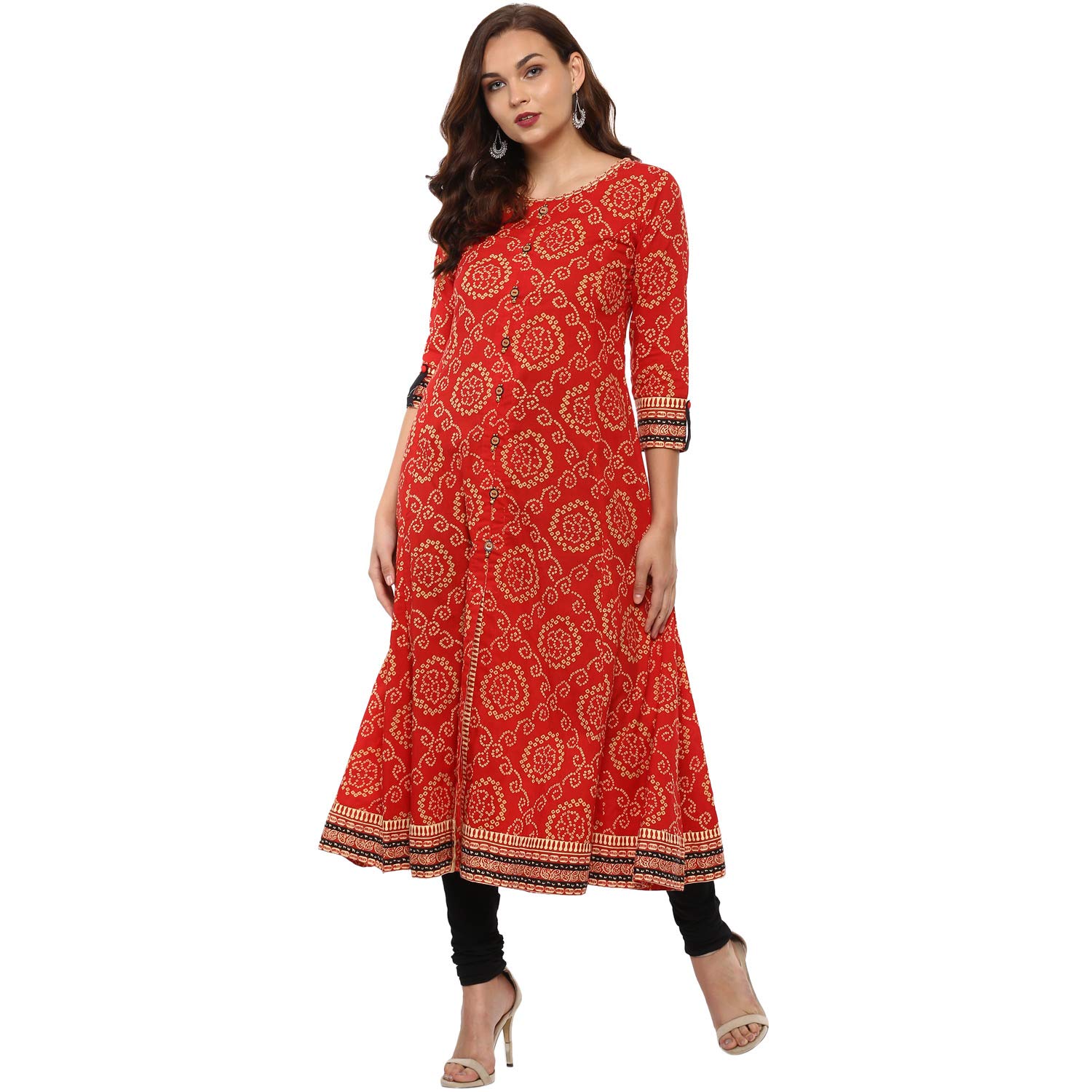 Yash Gallery Red Cotton Bandhej Anarkali Kurta for Women