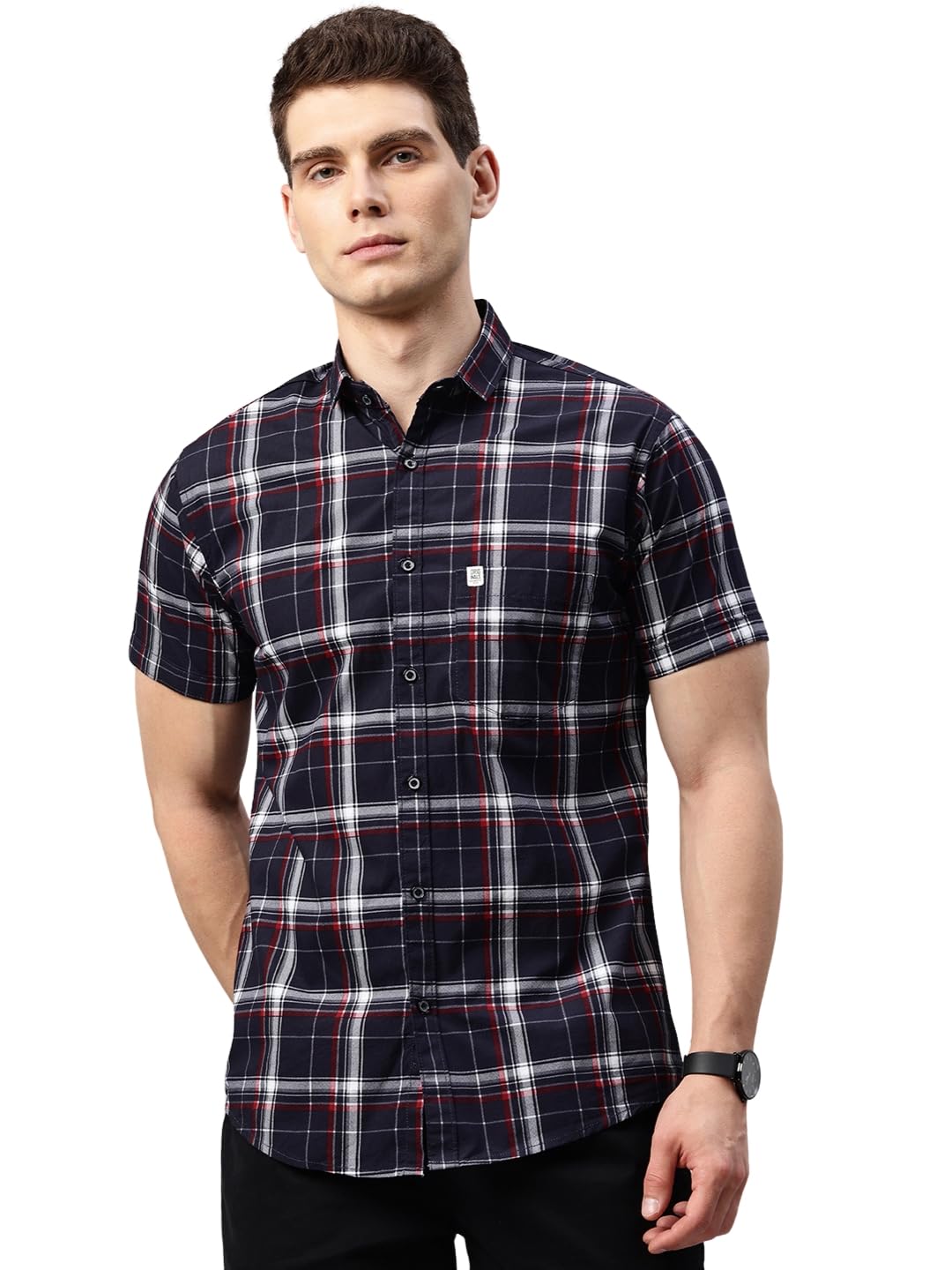Majestic Man Checked Cotton Casual Shirt - Dark Blue