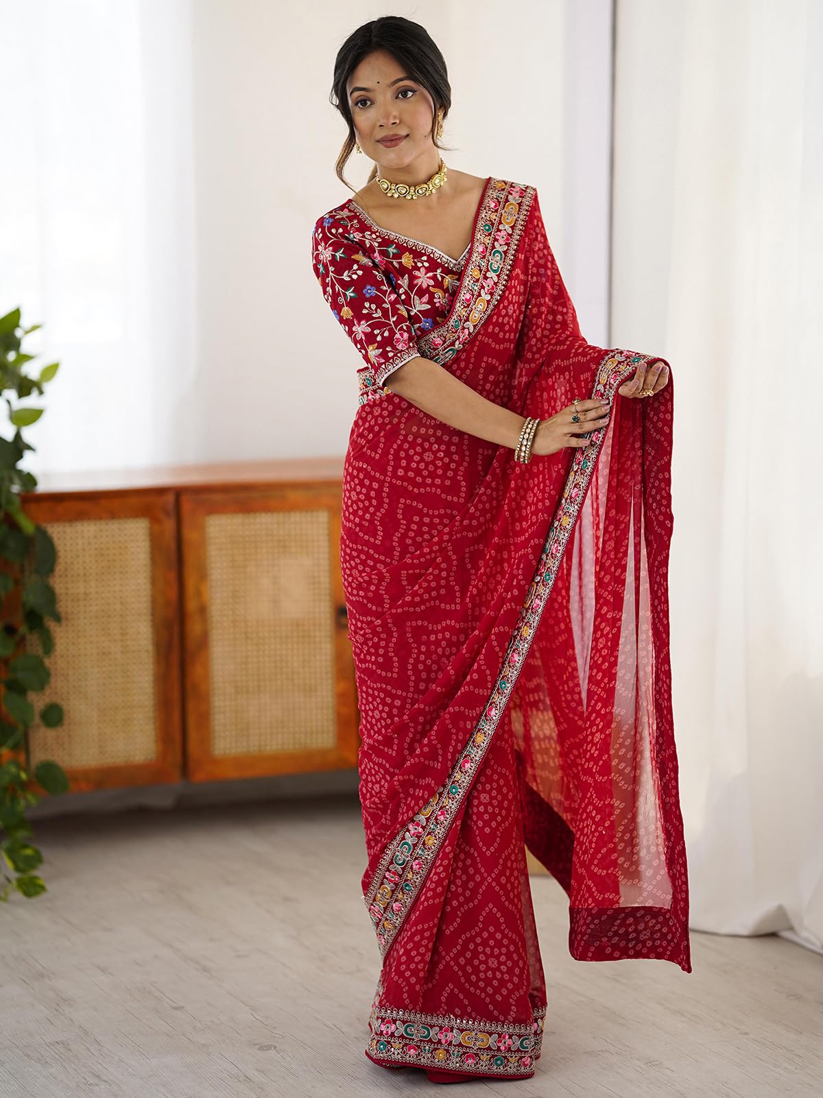 Red Georgette Bandhani Saree with Embroidered Blouse - Image 2