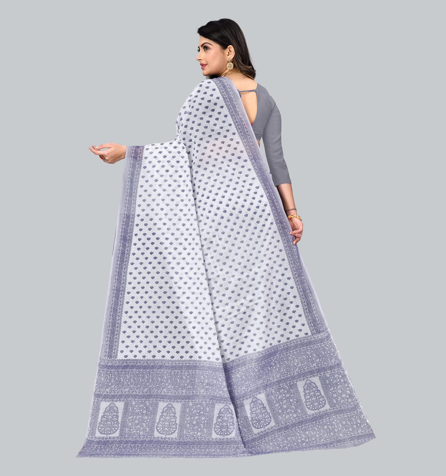 RATAN Women Cotton Saree - Grey White - Image 3