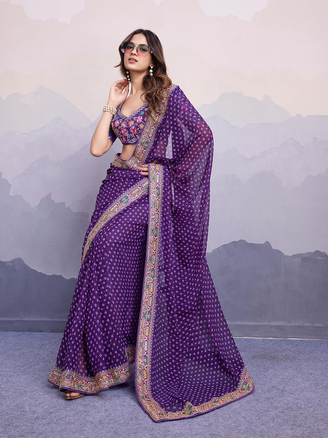 Georgette Saree with Embroidery - Purple - Image 5