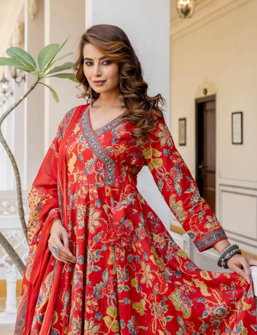 Nermosa Women Printed Anarkali Kurta Set - Red - Image 2