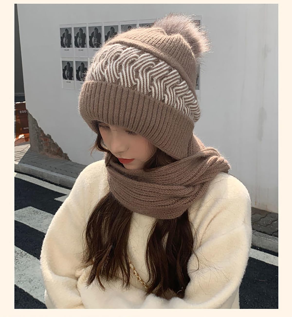 SYGA Women's Winter Knit Hat & Scarf Set - Khaki - Image 2