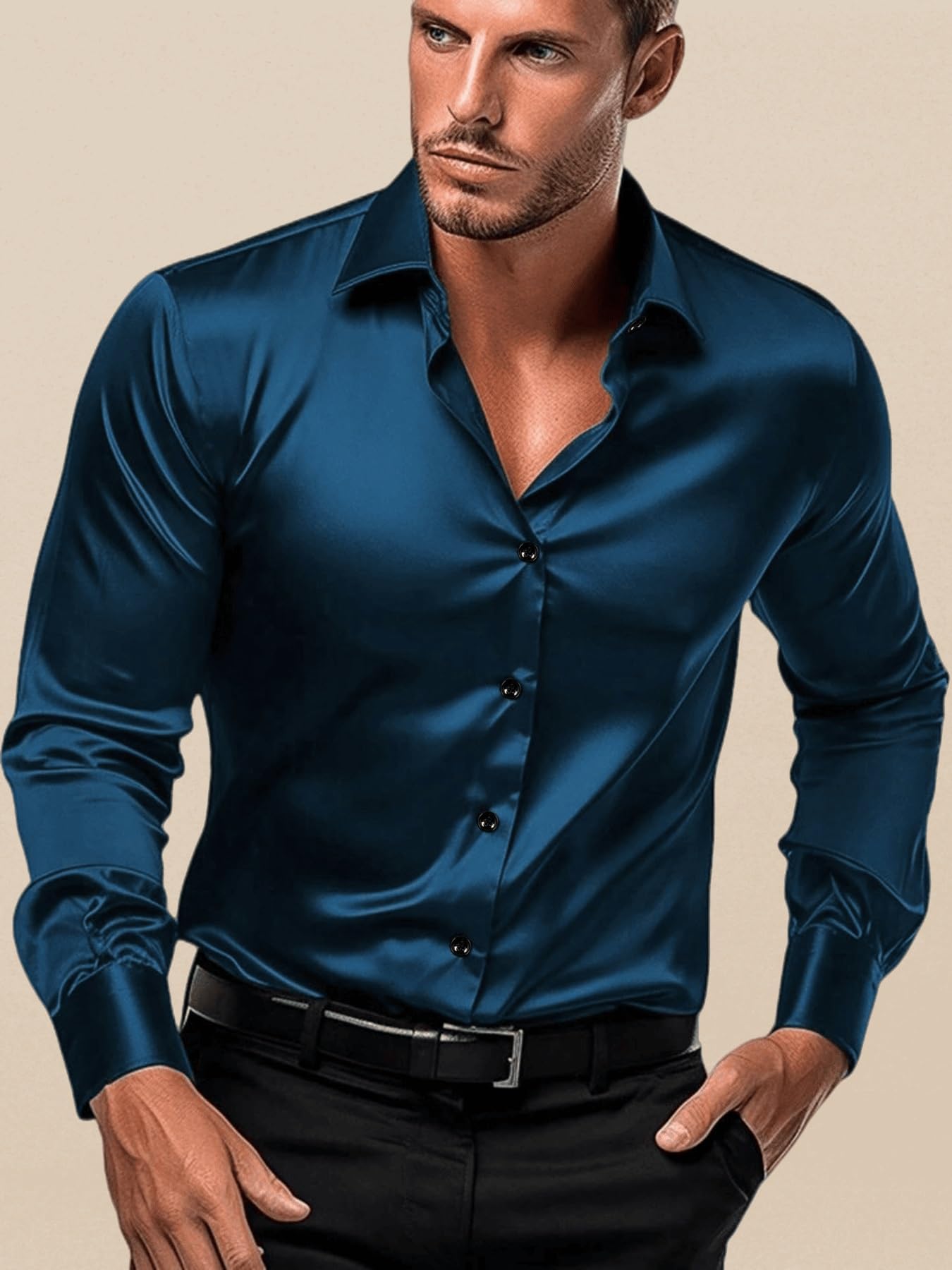 IndoPrimo Men's Satin Casual Shirt - Airblue - Image 2