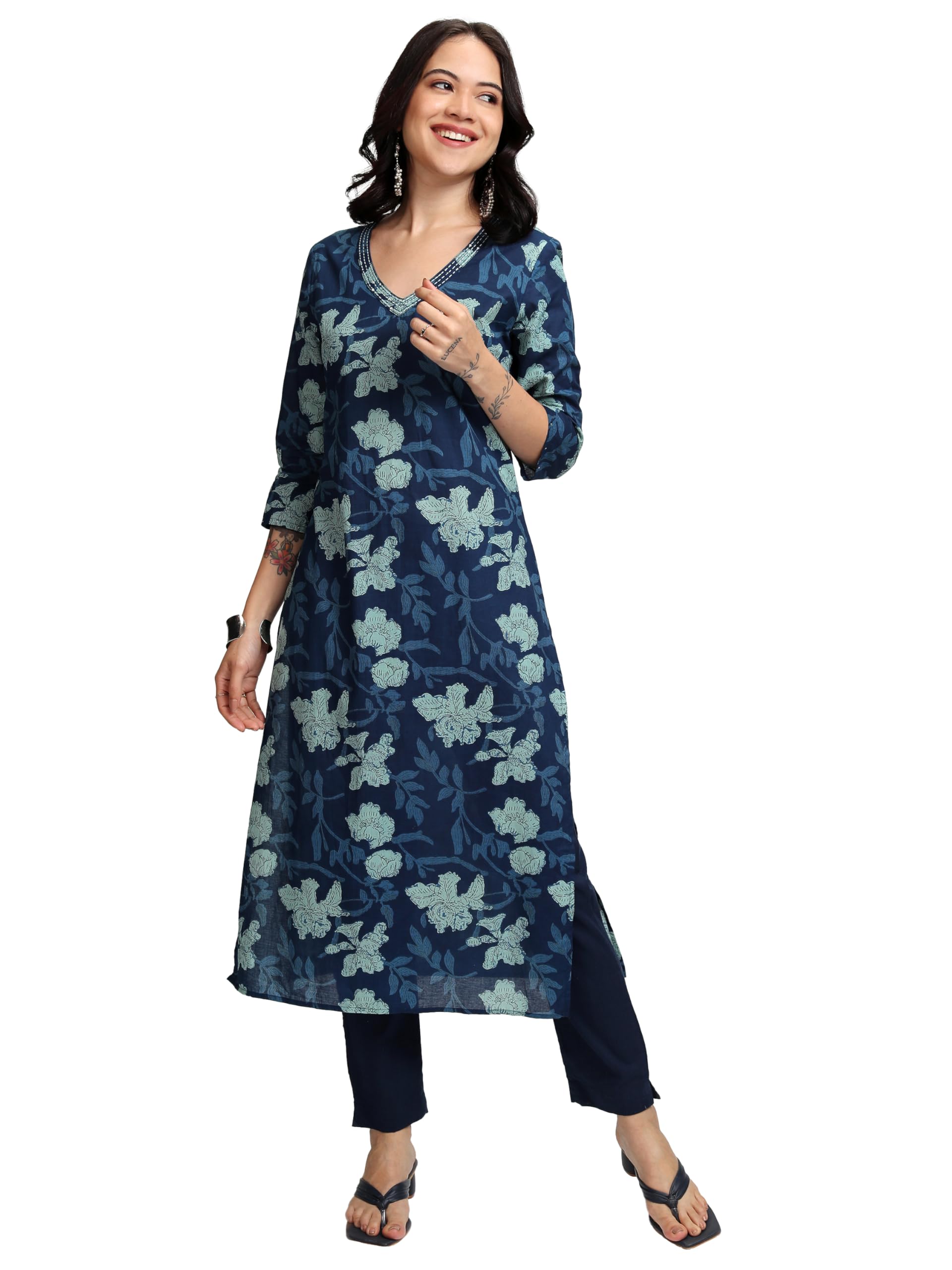 Vishudh Women's Cotton Blend Kurta - Navy Blue