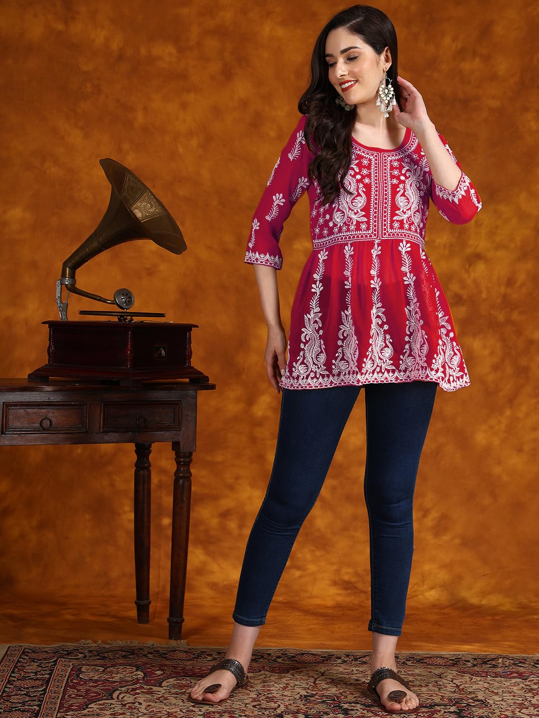 Cherry Georgette Kurti for Women - Chikan Embroidery - Image 2