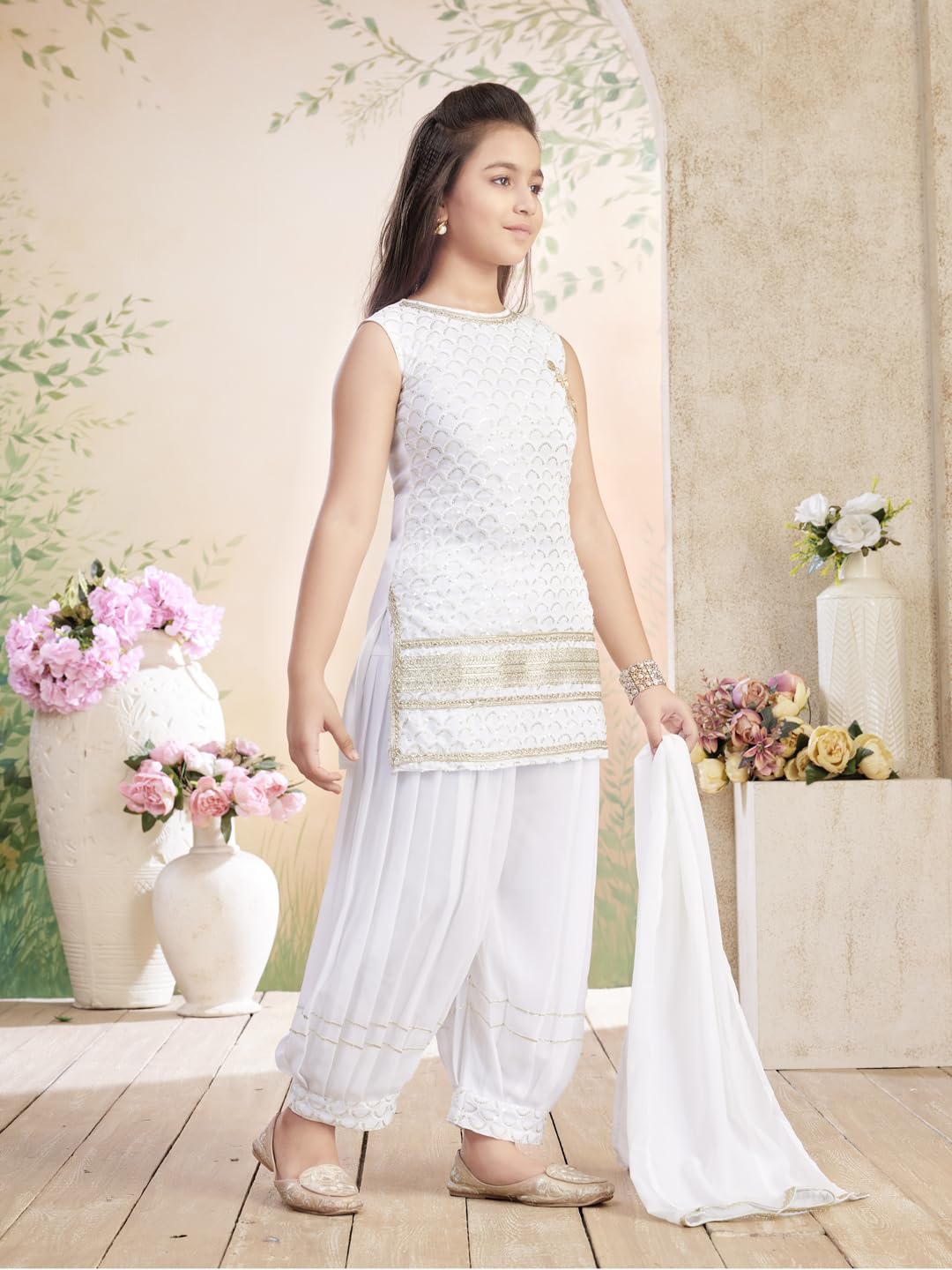 Aarika Girls White Sequin Kurti Patiala Set - Image 2