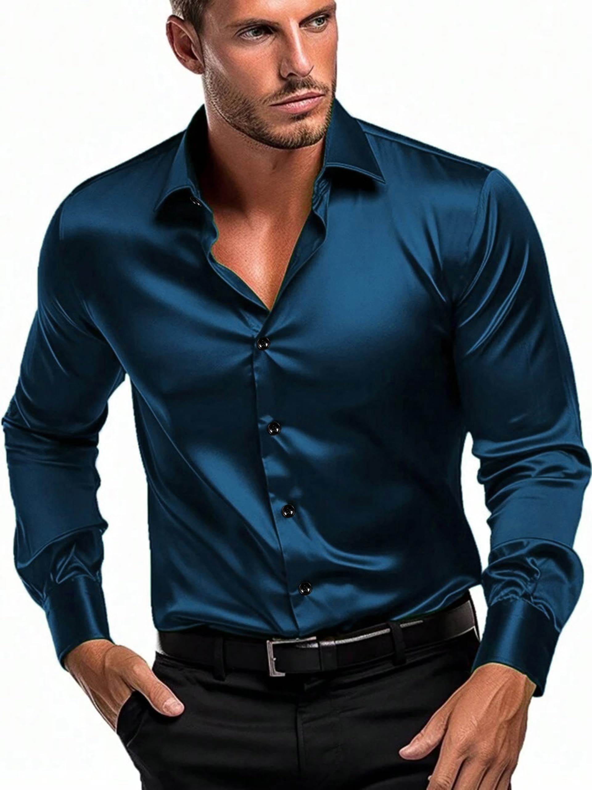 IndoPrimo Men's Satin Casual Shirt - Airblue