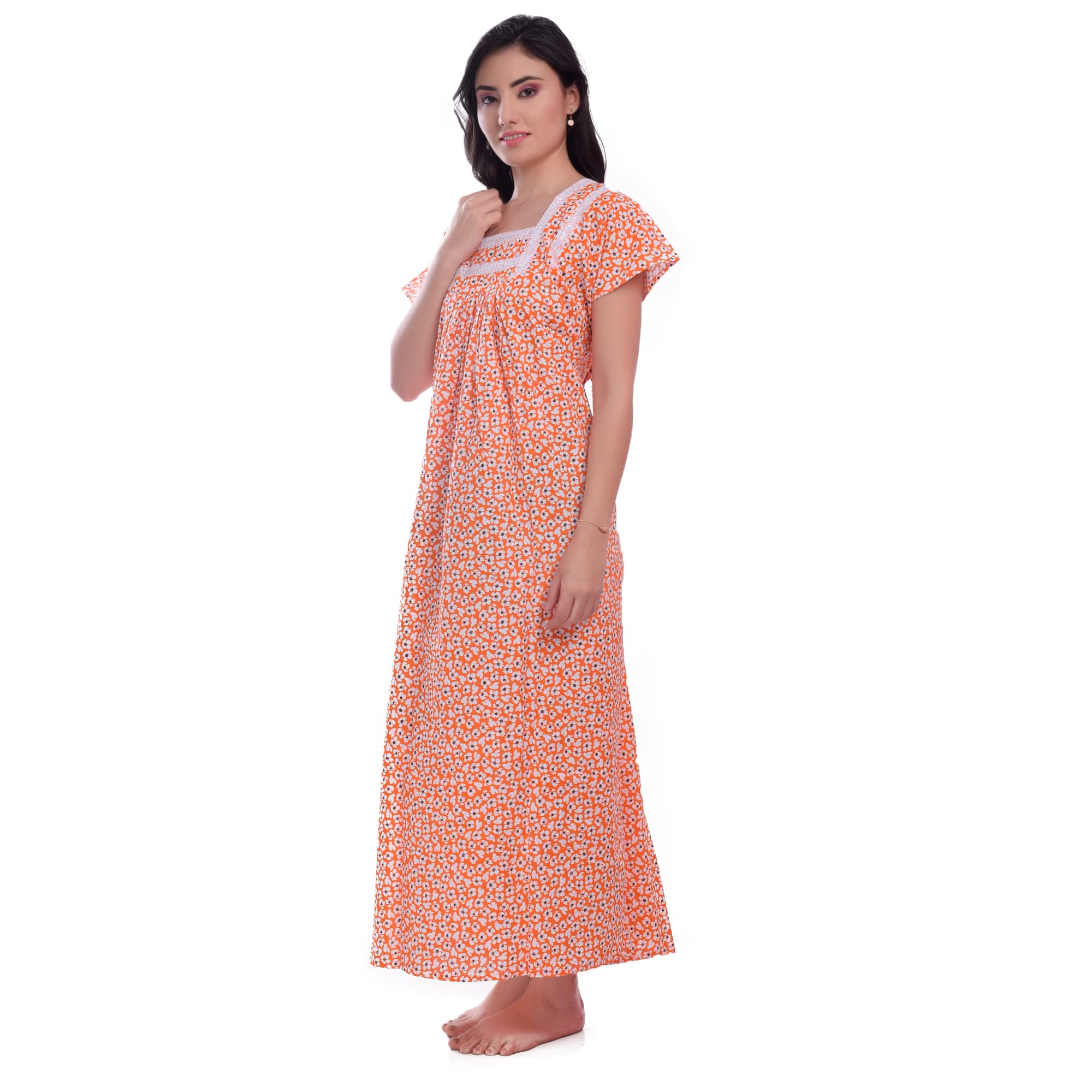 CIERGE Women's Cotton Lace Nighty - Orange & Blue - Image 3