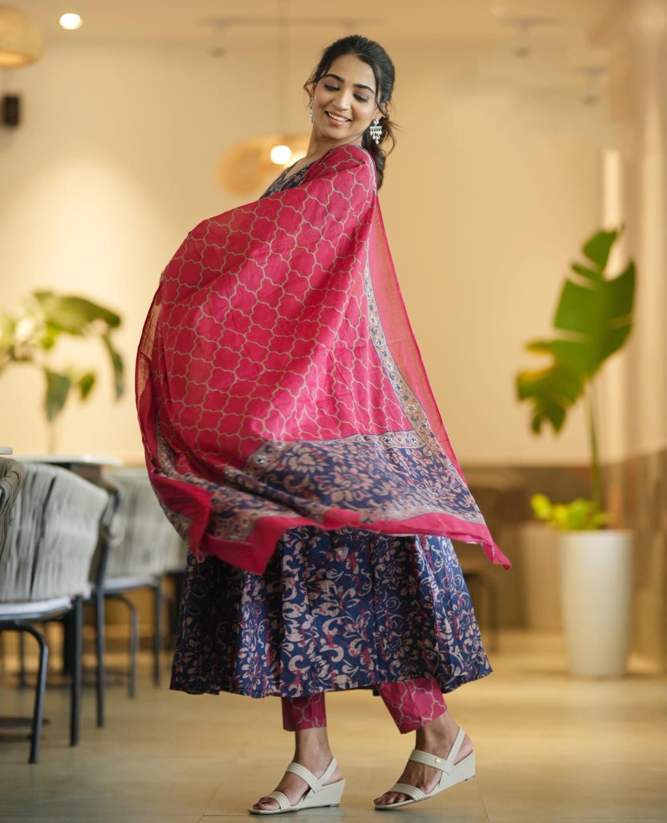 Nermosa Women's Viscose Printed Anarkali Kurta - Blue - Image 3