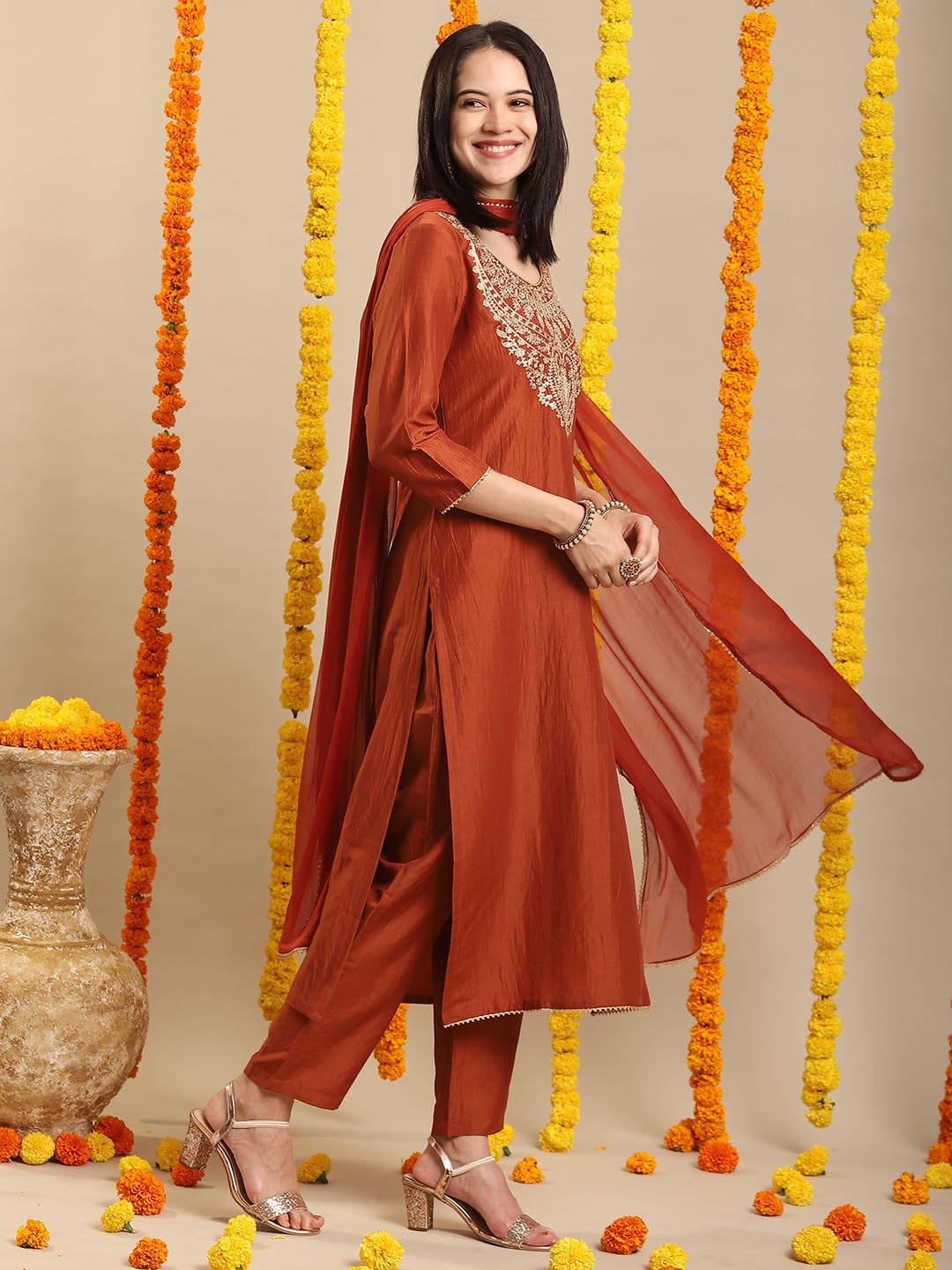 GoSriKi Mustard Embroidered Kurta Set for Women - Image 4