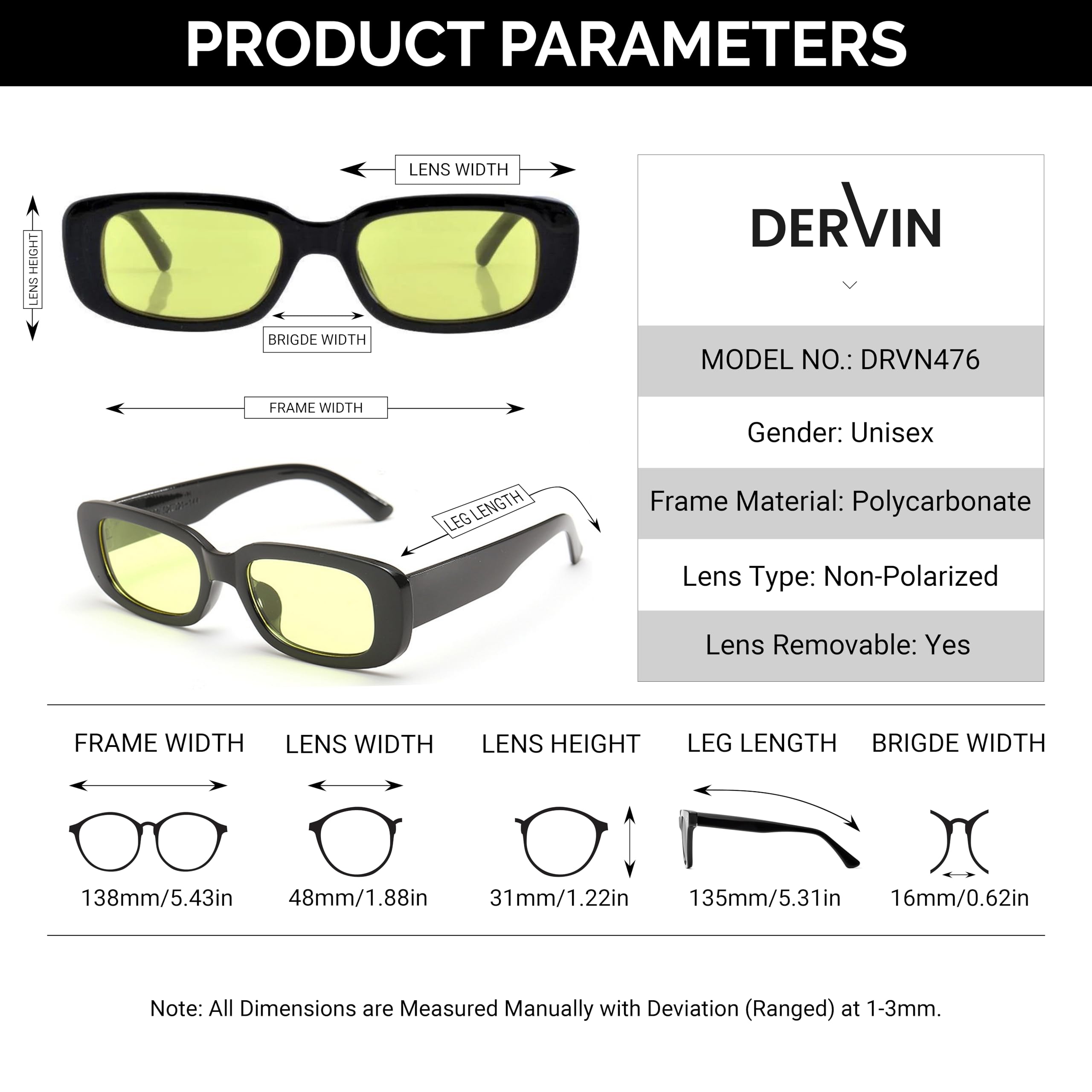 Dervin Retro Rectangular Sunglasses for Women - Black Yellow - Image 5