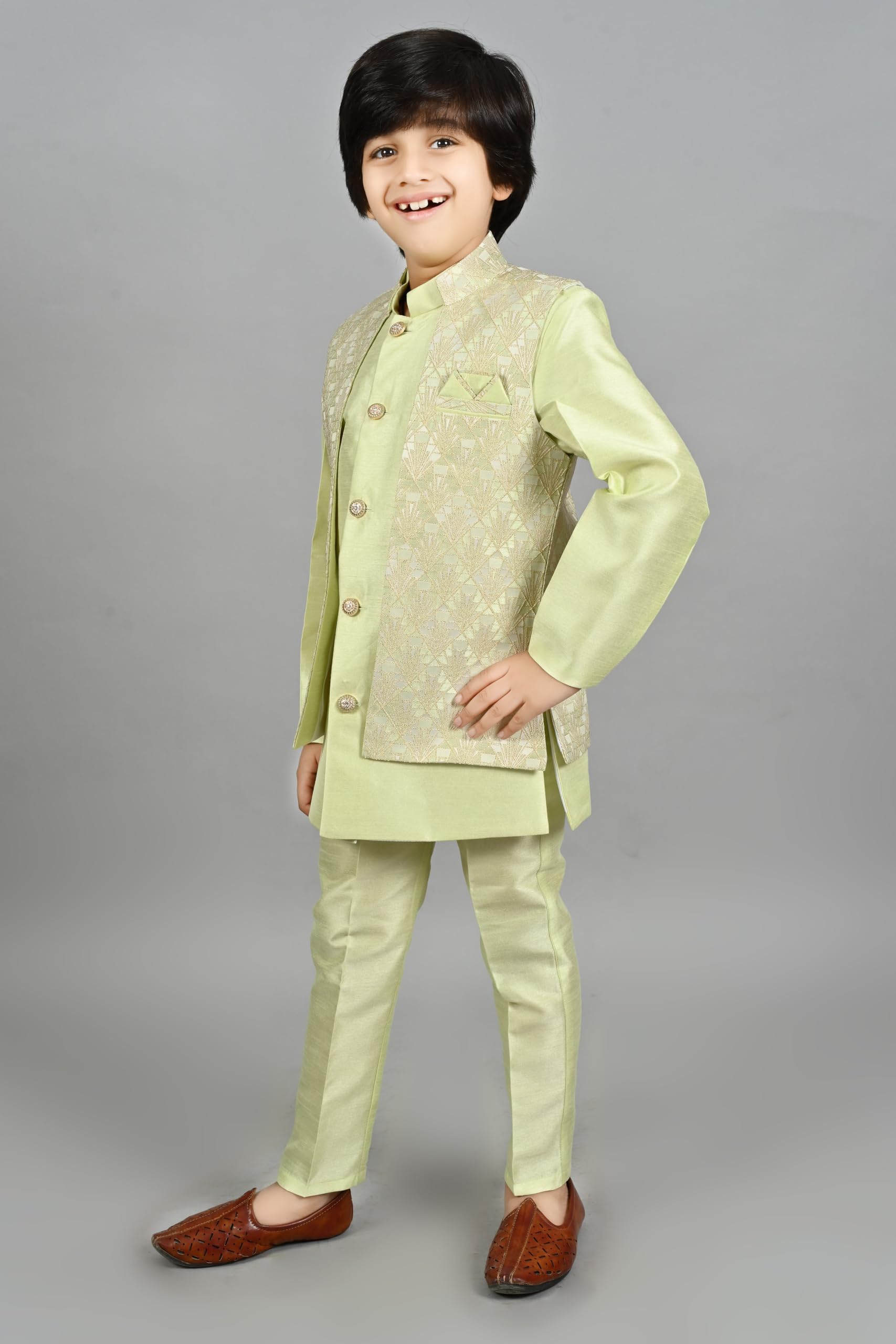 AHHAAAA Boys Silk Blend Kurta Pyjama Set - Lime - Image 4