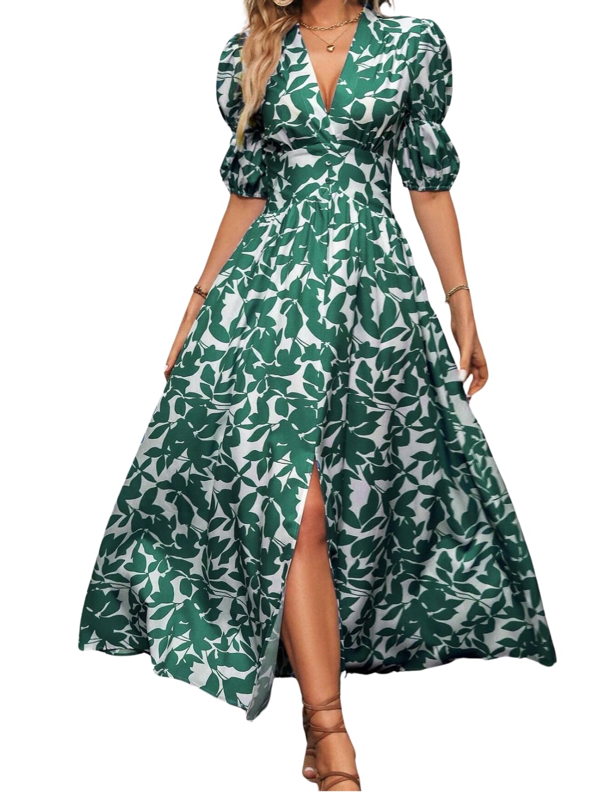 GRECIILOOKS Green Floral Rayon Midi Dress for Women
