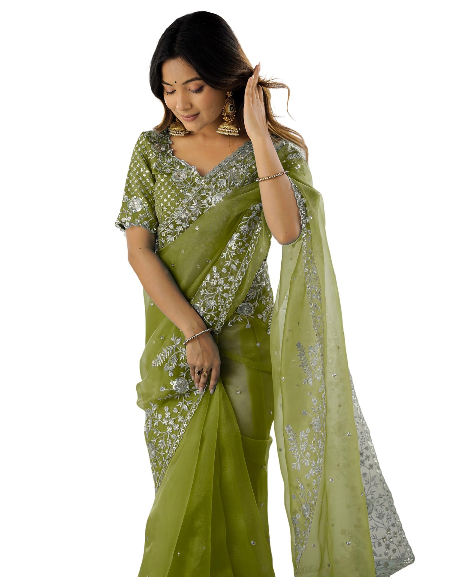 SIRIL Women's Organza Saree - Green