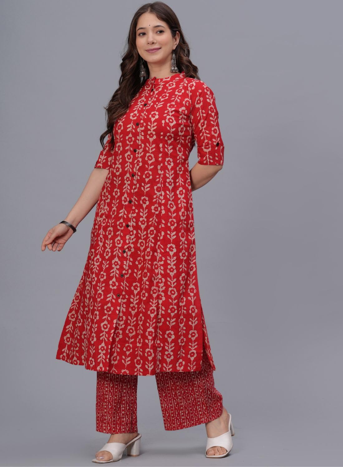rytras Women's Pure Cotton Printed A-Line Kurta Set - Red - Image 3