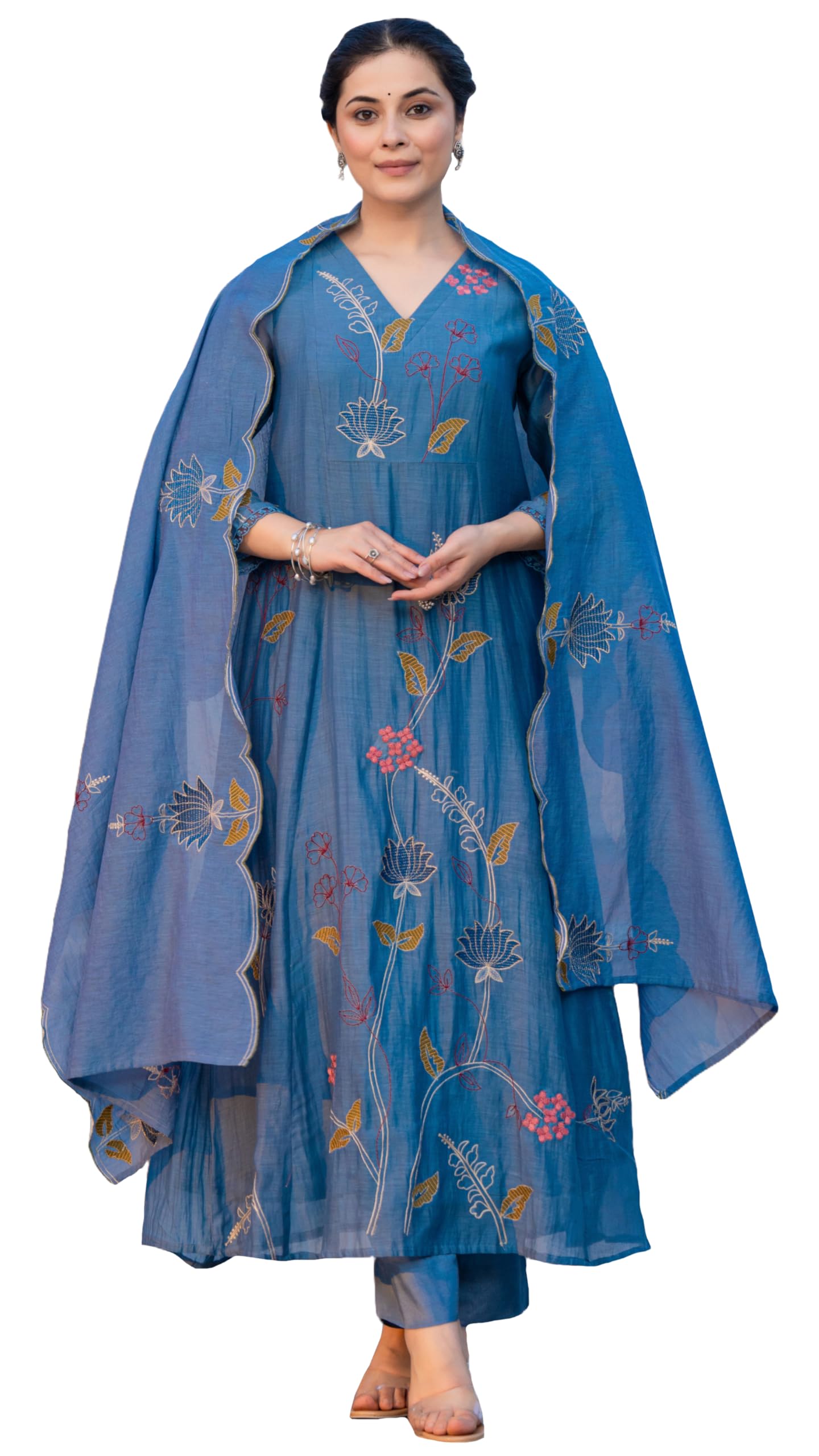 GoSriKi Blue Chanderi Cotton Embroidered Anarkali Kurta Set for Women